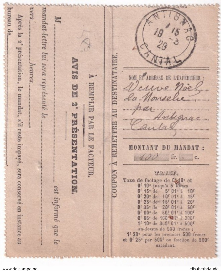 1928 - CARTE-LETTRE MANDAT De ANTIGNAC (CANTAL) - CORRESPONDANCE AU DOS - Civil Frank Covers