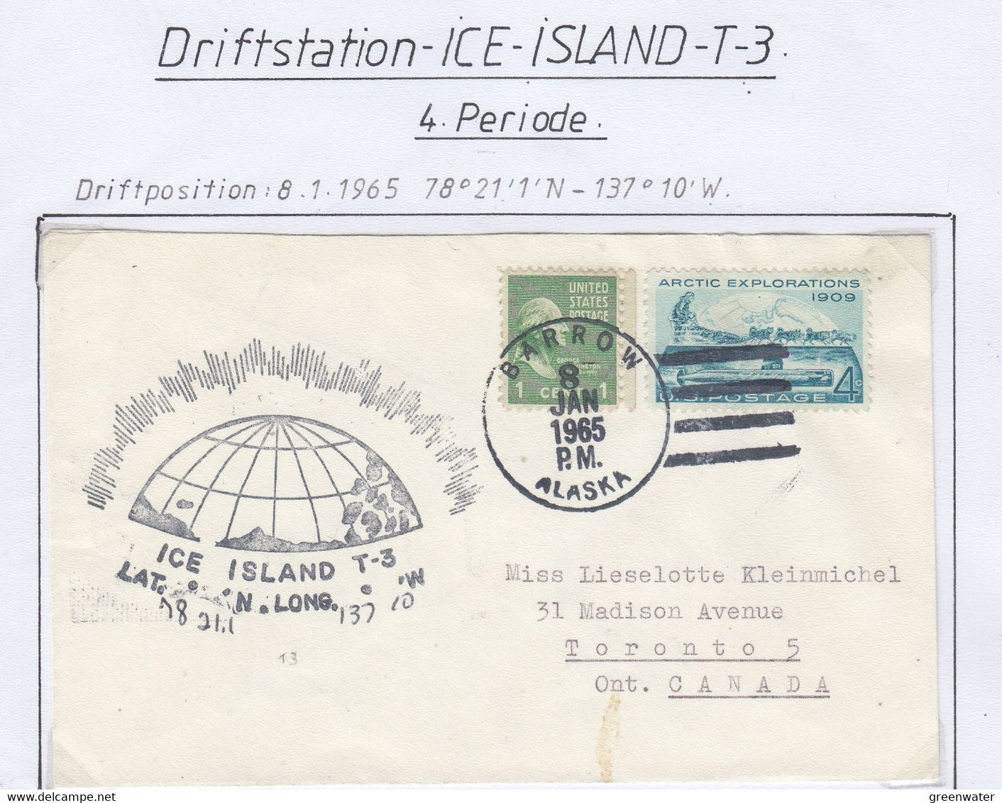 USA Driftstation ICE-ISLAND T-3 Cover Ice Island T3-Periode 4 Ca 8 JAN 1965  (DR116) - Stations Scientifiques & Stations Dérivantes Arctiques