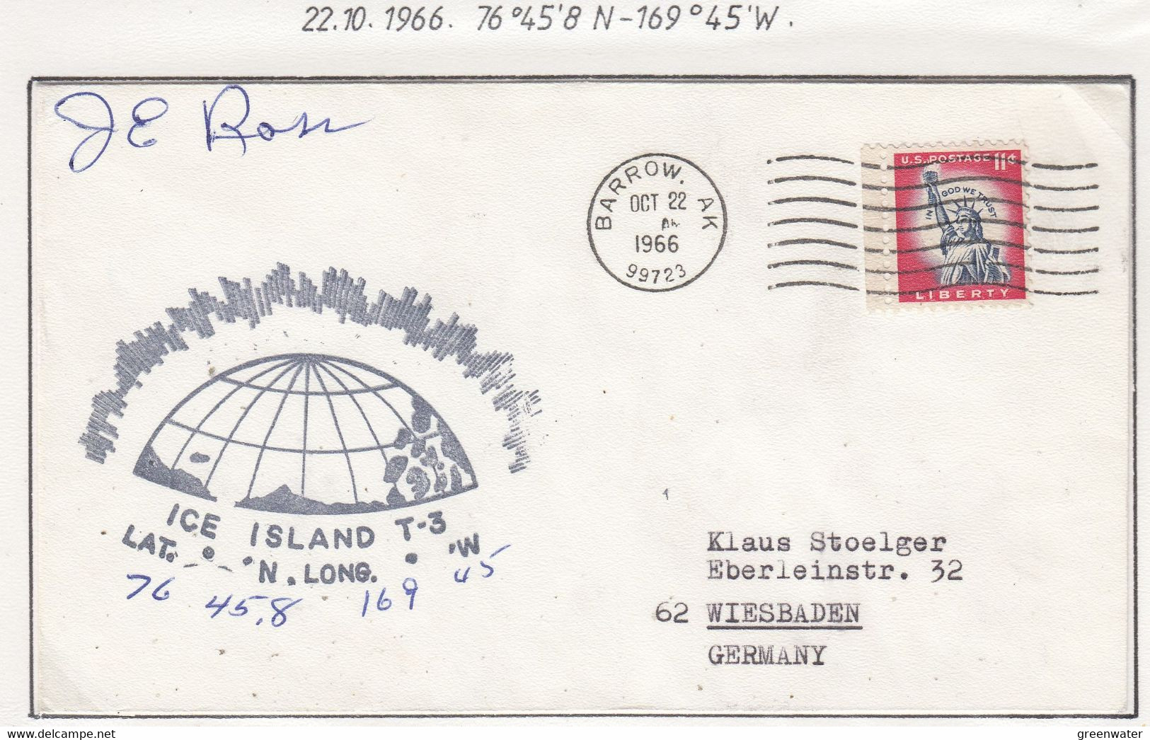 USA Driftstation ICE-ISLAND T-3 Cover Ice Island T3-Periode 4 Ca OCT 221966 Signature J.R. Ross Camp Manager (DR118C) - Scientific Stations & Arctic Drifting Stations