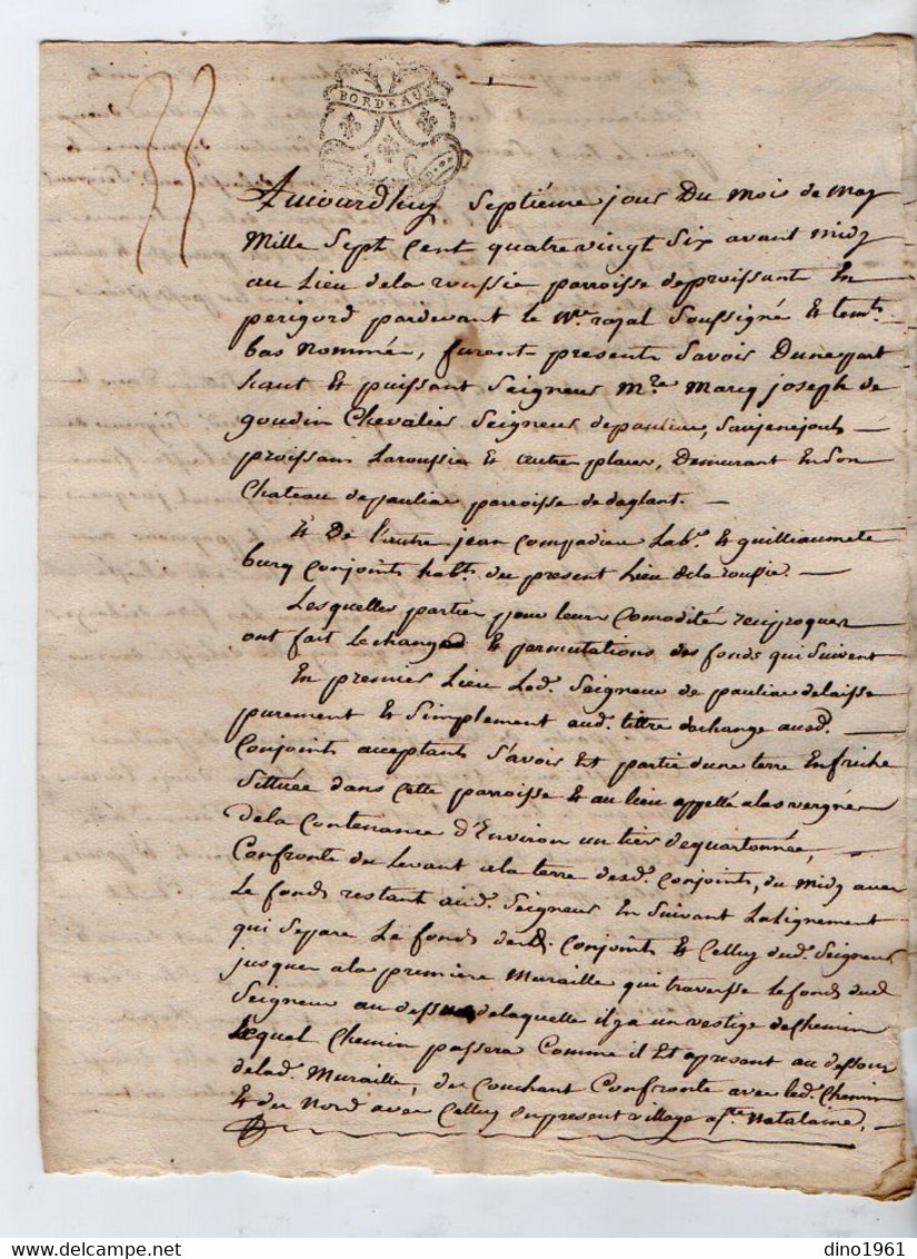 VP18.581 - Cachet De Généralité De BORDEAUX - Acte De 1786 Concernant Le Haut & Puissant Seigneur De PAULIAC - Timbri Generalità