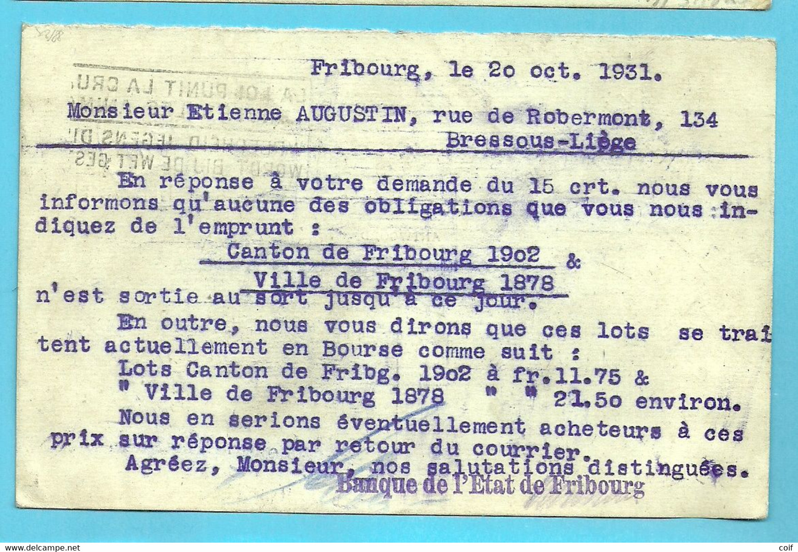 Entier REPONSE / ANTWOORD Met Stempel FRIBOURG (Suisse) Naar LIEGE, Vignet EXPOSITION COLONIALE PARIS 1931 - Postcards 1909-1934