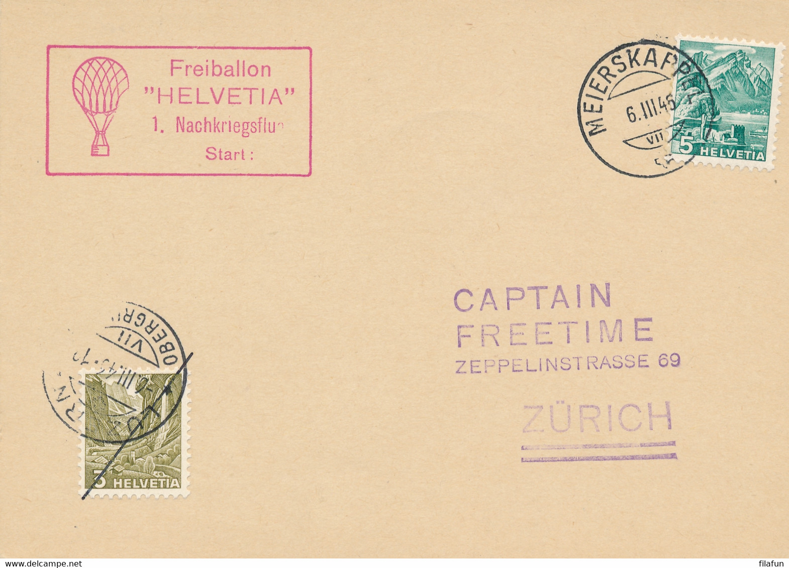 Schweiz - 1946 - Freiballon Helvetia - 1. Nachkriegsflug From Luzern Via Meierskappel, Addressed To Zurich - Briefe U. Dokumente