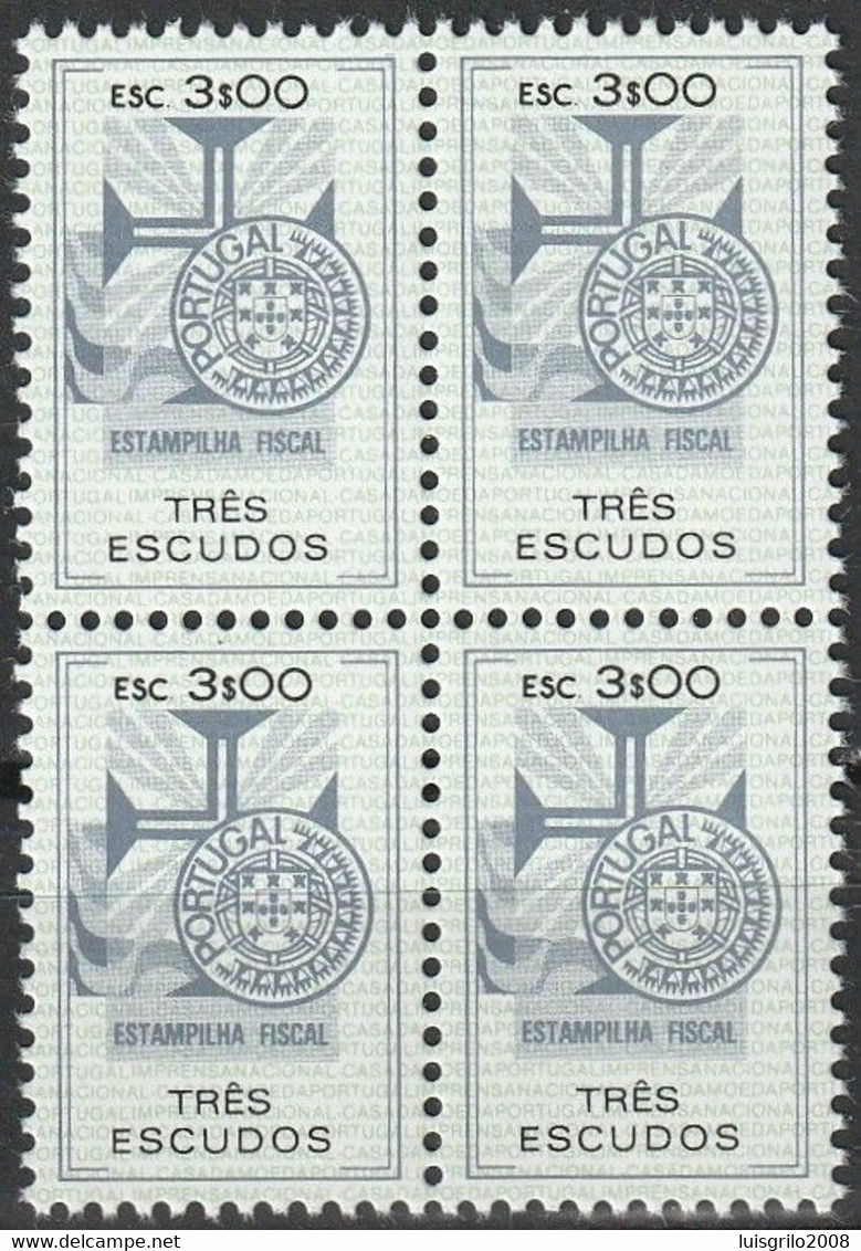 Fiscal/ Revenue, Portugal - Estampilha Fiscal, Série De 1990 -|- 3$00 - Block MNH** - Unused Stamps