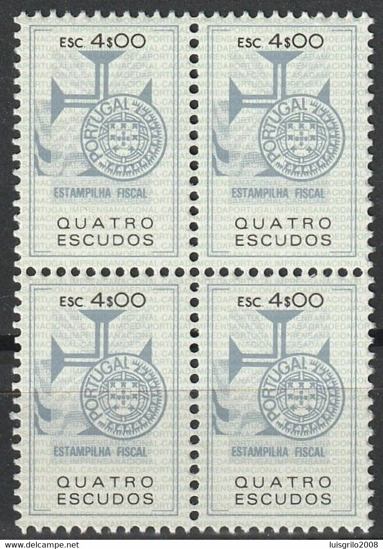 Fiscal/ Revenue, Portugal - Estampilha Fiscal, Série De 1990 -|- 4$00 - Block MNH** - Unused Stamps