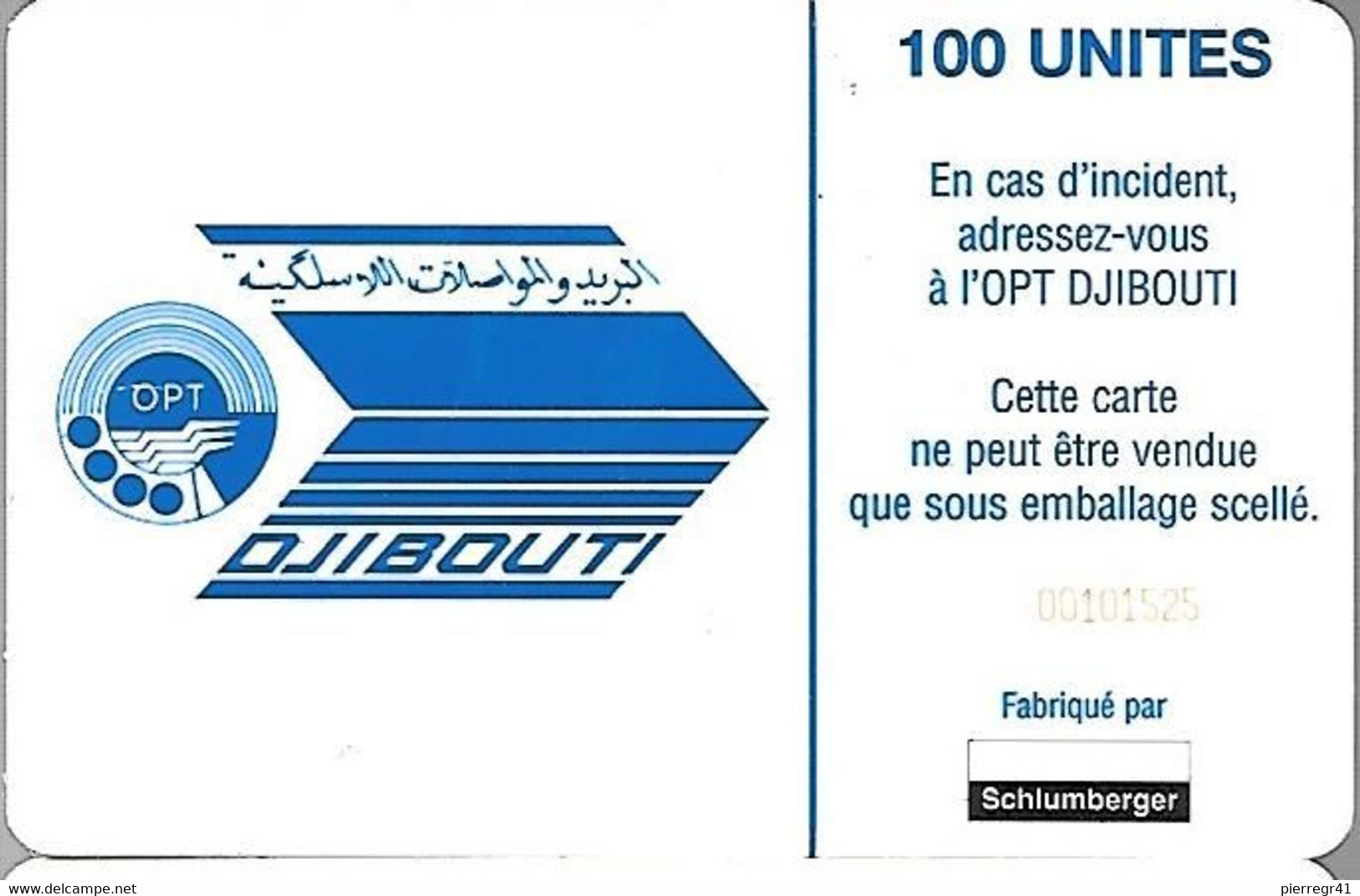 CARTE-PUCE-SCHLUM--OPT-DJIBOUTI-1 00U--SC7-SCHLUM-LAC  SALE-V°LOGO  OPT BLEU-N° Série-Etroit Rge 1525 - Gibuti