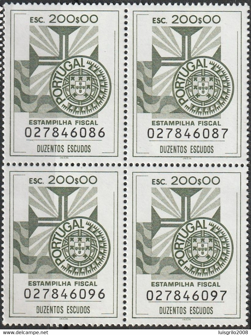 Fiscal/ Revenue, Portugal - Estampilha Fiscal, Série De 1990 -|- 200$00 - Block MNH** - Unused Stamps