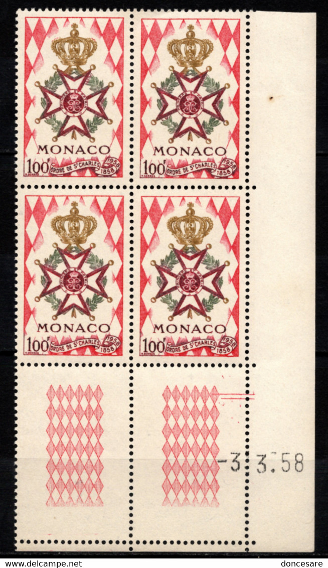 MONACO 1958 - BLOC DE 4 TP / Y.T.  N° 490 -  NEUF** / COIN DE FEUILLE / DATE - Ungebraucht