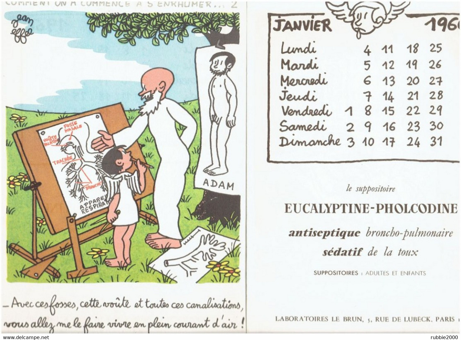 CALENDRIER 1960 JEAN EFFEL COMMENT ON A COMMENCE A S ENRHUMER EN 12 IMAGES DE JEAN EFFEL ADAM EVE AU PARADIS DIEU DIABLE - Grand Format : 1941-60