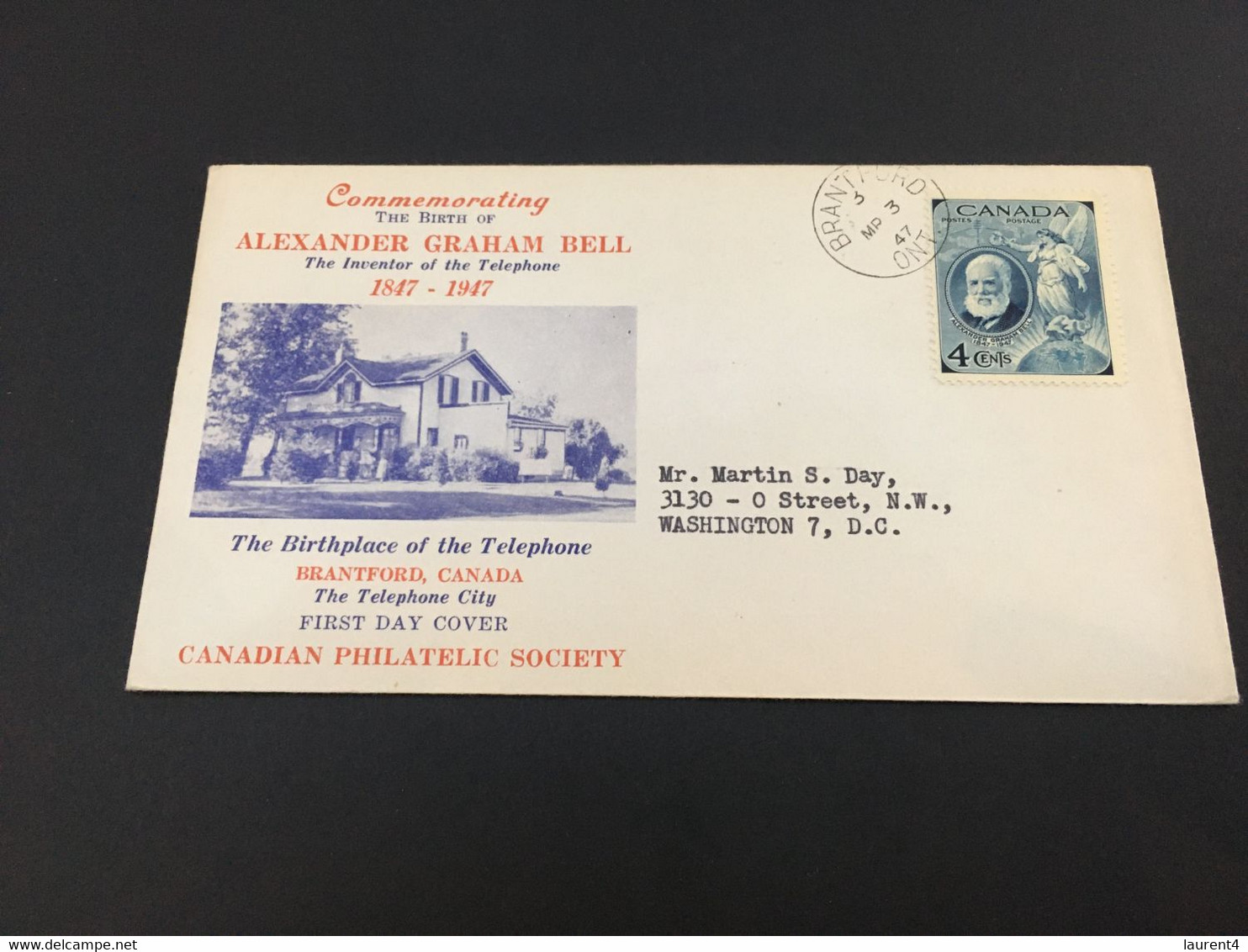 (4 C 12) Canada FDC Cover - Premier Jour Du Canada - 1947 (posted To Denmark) Alexander Graham Ball - ....-1951