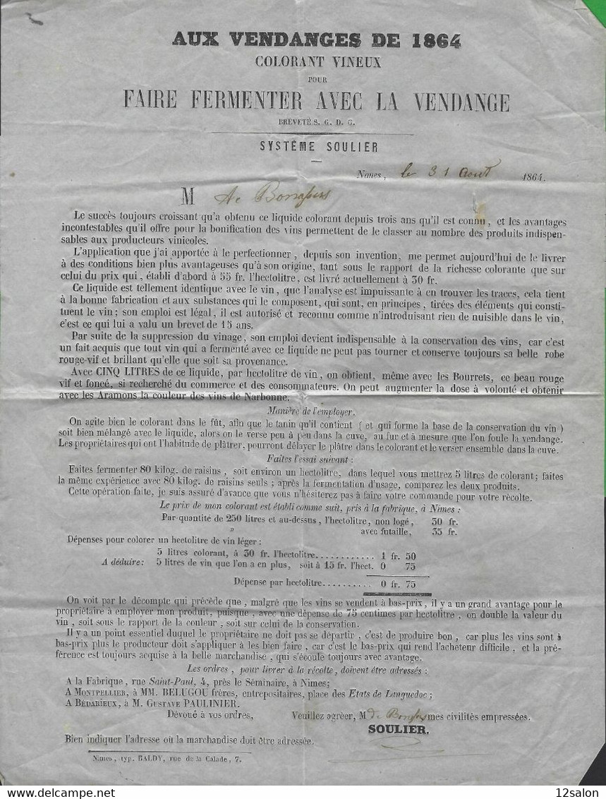 LETTRE FRANCE N° 19 De NIMES 1864  Thème Vigne Viticole Vendange Raisin - 1849-1876: Klassik