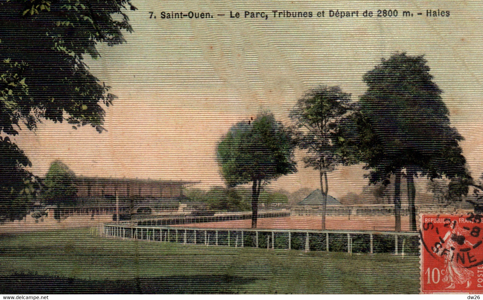 Hippisme - St Saint-Ouen (Seine) Le Parc Tribunes Et Départ De 2800 M, Haies - Carte N° 7 Colorisée, Toilée Et Vernie - Hippisme