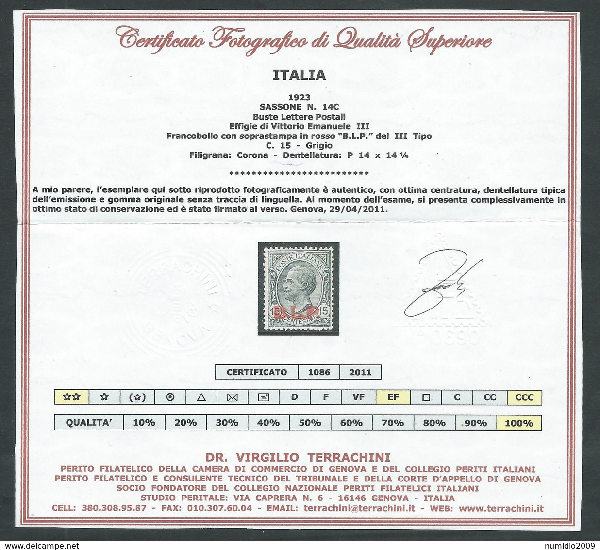 1923 REGNO BLP EFFIGIE 15 CENT III TIPO SASSONE 14C CERTIFICATO MH * - E194 - Sellos Para Sobres Publicitarios