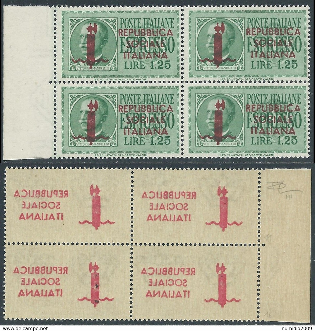 1944 RSI ESPRESSO 1,25 LIRE QUARTINA TIRATURA MILANO CERTIFICATO MNH ** - E195 - Express Mail