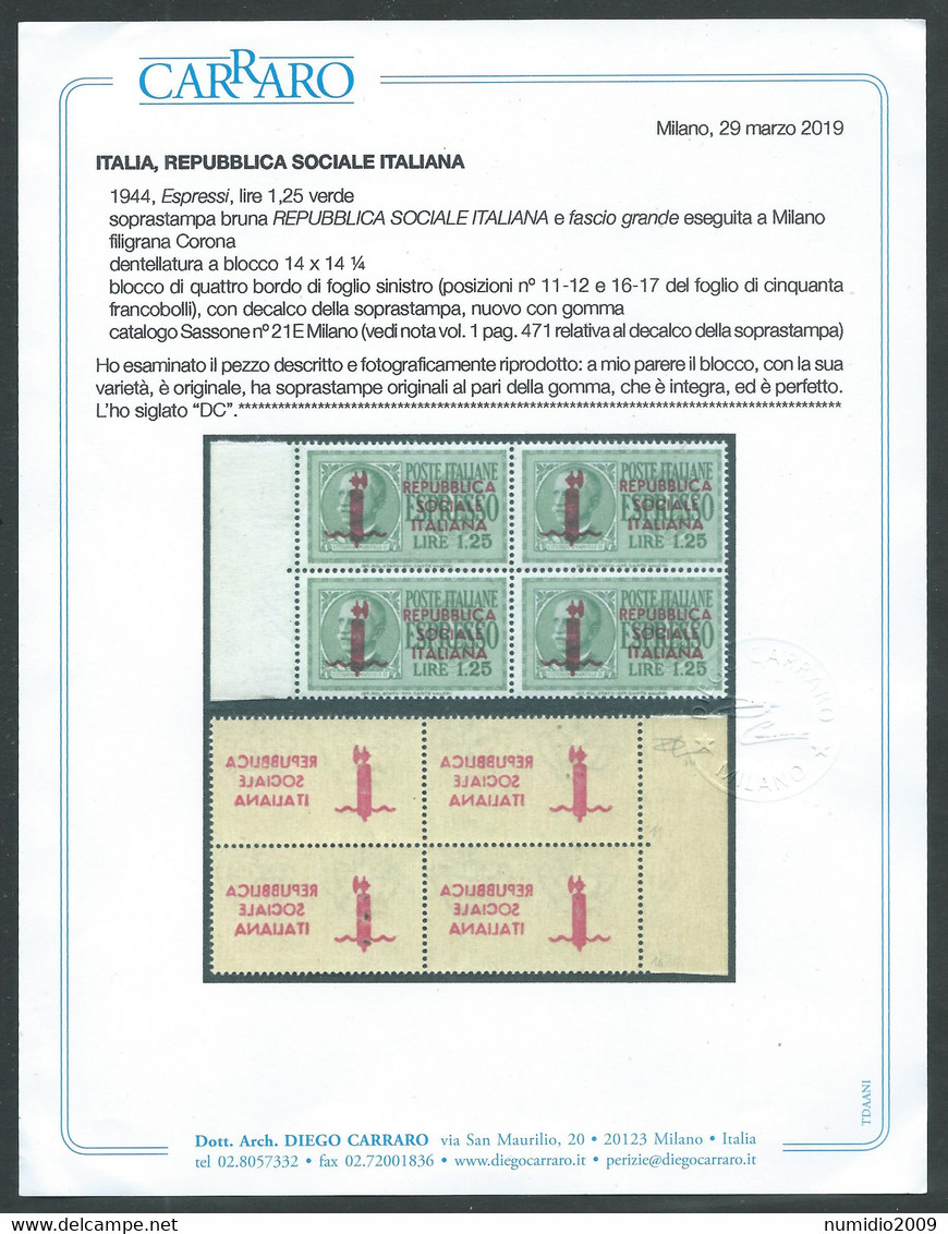 1944 RSI ESPRESSO 1,25 LIRE QUARTINA TIRATURA MILANO CERTIFICATO MNH ** - E195 - Eilsendung (Eilpost)