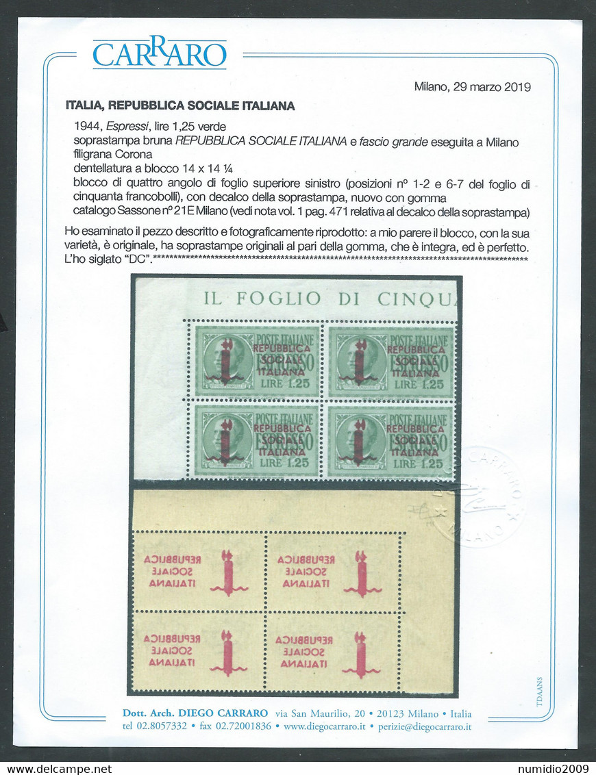 1944 RSI ESPRESSO 1,25 LIRE QUARTINA TIRATURA MILANO CERTIFICATO MNH ** - E196 - Poste Exprèsse