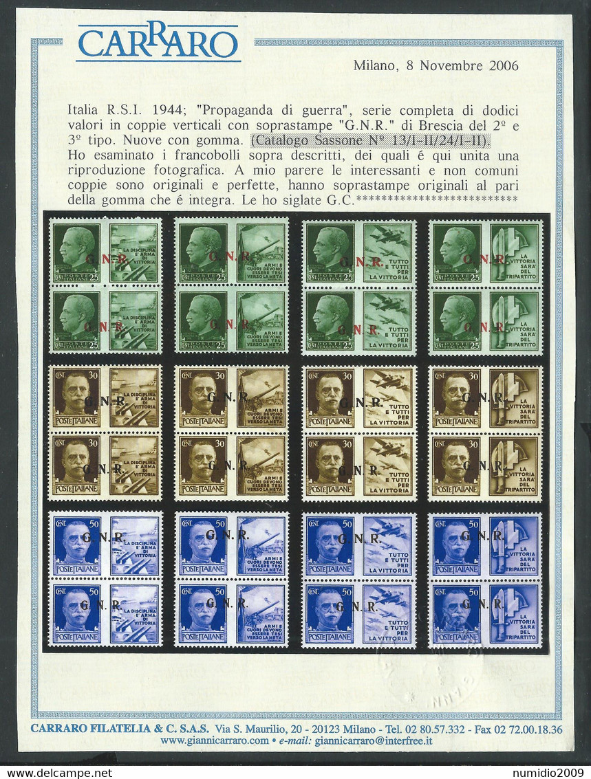 1944 RSI PROPAGANDA DI GUERRA 12 COPPIE II - III TIPO CERTIFICATO MNH ** - E197 - War Propaganda