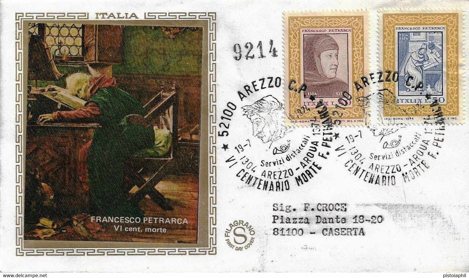Fdc Filagrano Gold: PETRARCA (1974); Raccomandata; AS_Arezzo - FDC