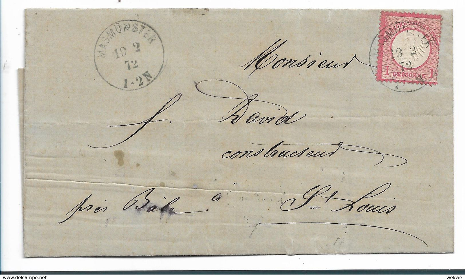 BRS368 / DEUTSCHES REICH -  Masmünster 1872 Auf Kl. Brustschild, 1 Groschen Grenztarif Nach St. Louis, Rhein/Schweiz - Storia Postale