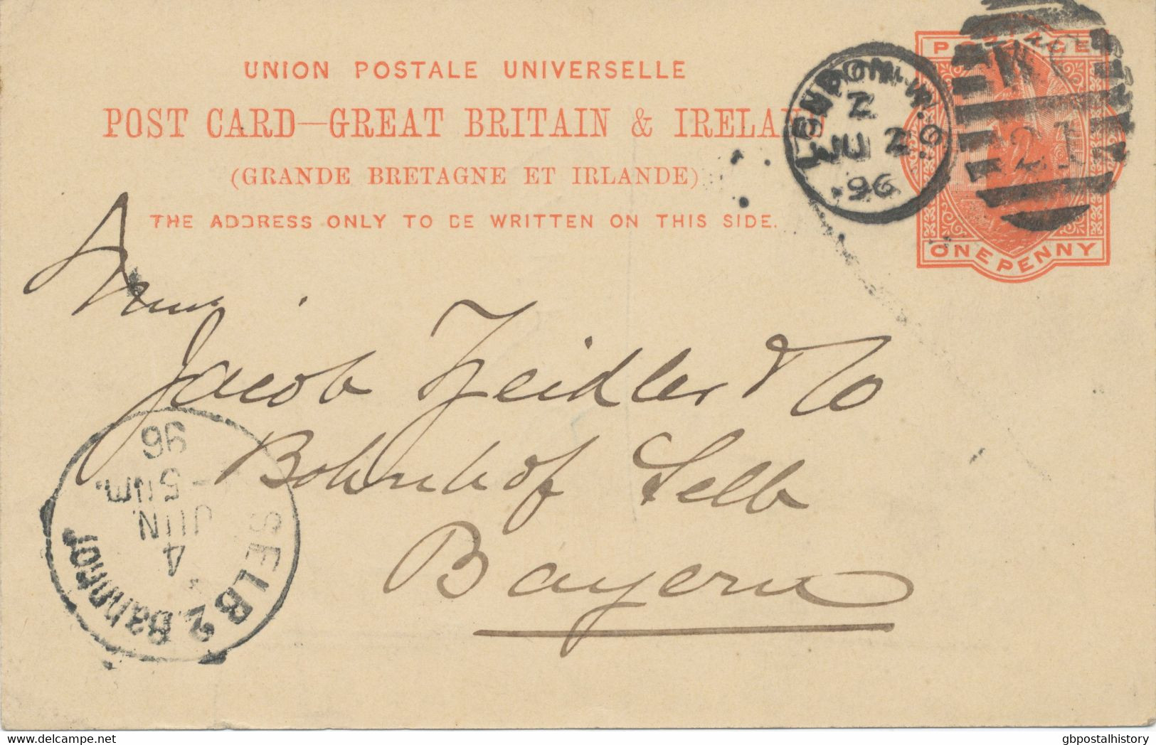 GB 1896 QV 1d Orangered Very Fine Postcard With Barred Duplex-cancel "LONDON-W.C. / W.C / 21" NEW LATEST DATE - Lettres & Documents