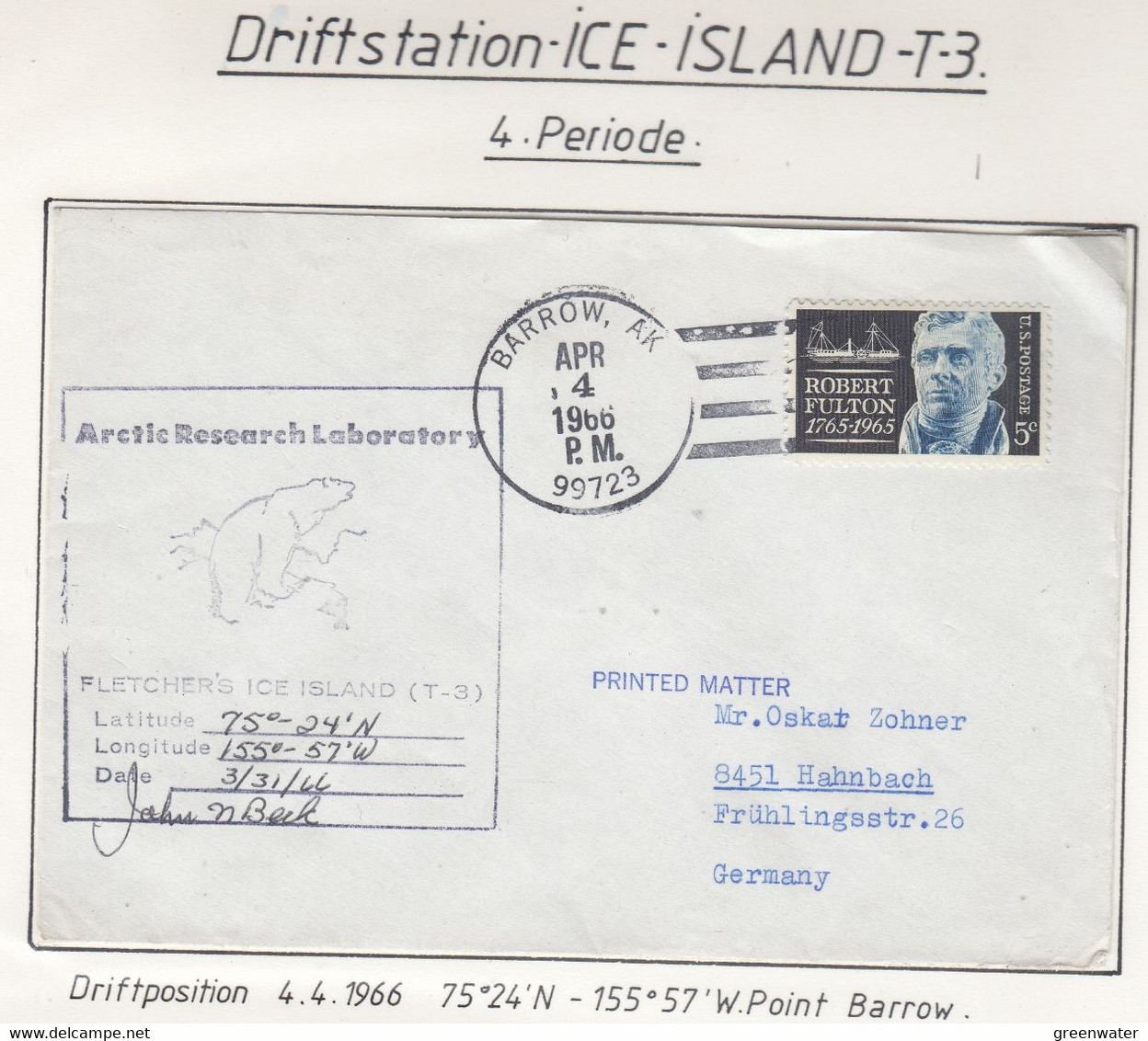 USA Driftstation ICE-ISLAND T-3 Cover Ca Fletcher's Ice Island T-3 Periode 4 Apr 4 1966 Si John N. Beck 4 (DR119) - Estaciones Científicas Y Estaciones Del Ártico A La Deriva