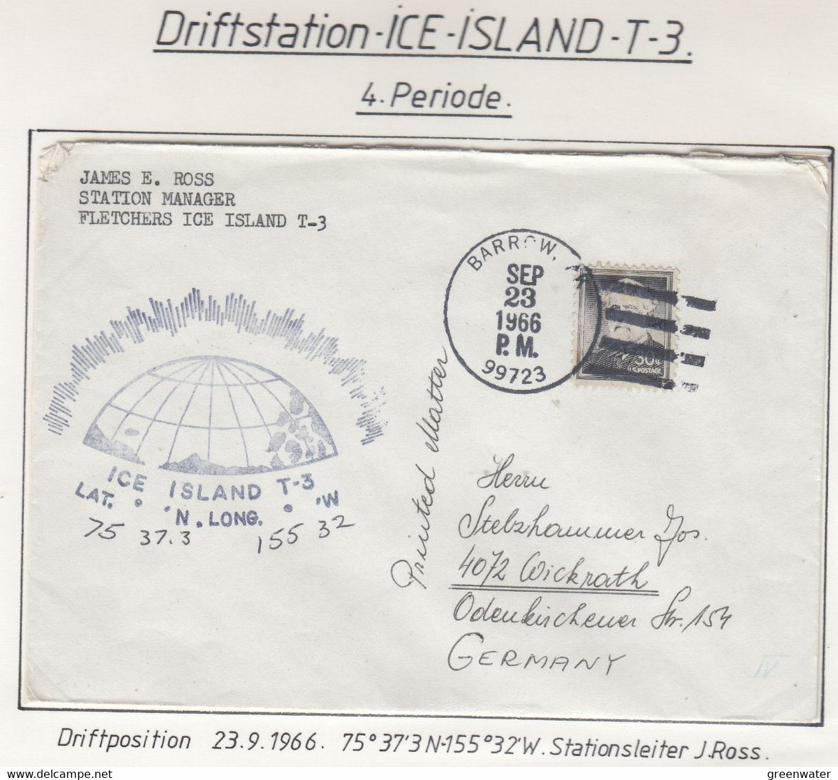 USA Driftstation ICE-ISLAND T-3 Cover Ca  Ice Island T-3 Periode Sept. 23 1966  (DR119B) - Estaciones Científicas Y Estaciones Del Ártico A La Deriva