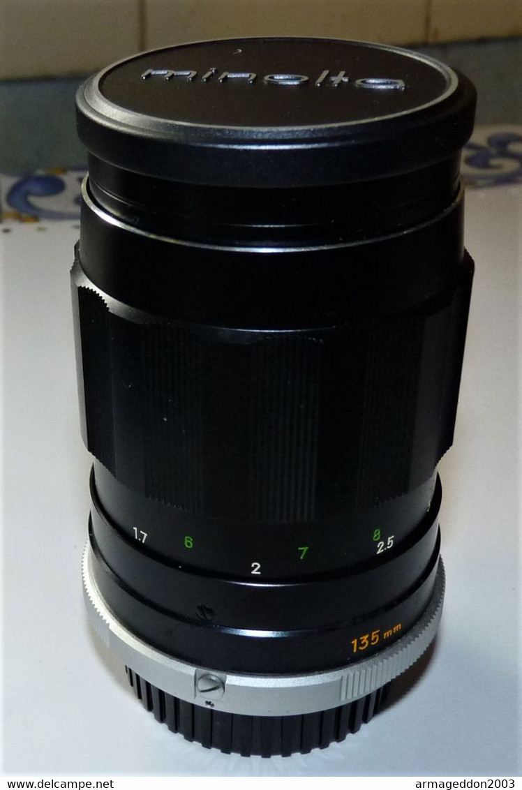 OBJECTIF MINOLTA MC TELE ROKKOR 135 mm f 3.5 lens DANS SON ETUI EN CUIR TBE