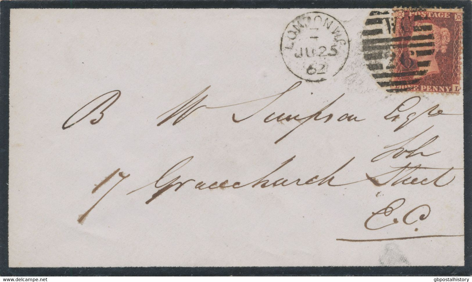 GB 25.6.1862 QV 1d Rose-red Perf. 14 (LL) On Superb Mourning Cvr With Barred Duplex-cancel "LONDON W.C. / W.C / 26" - Storia Postale