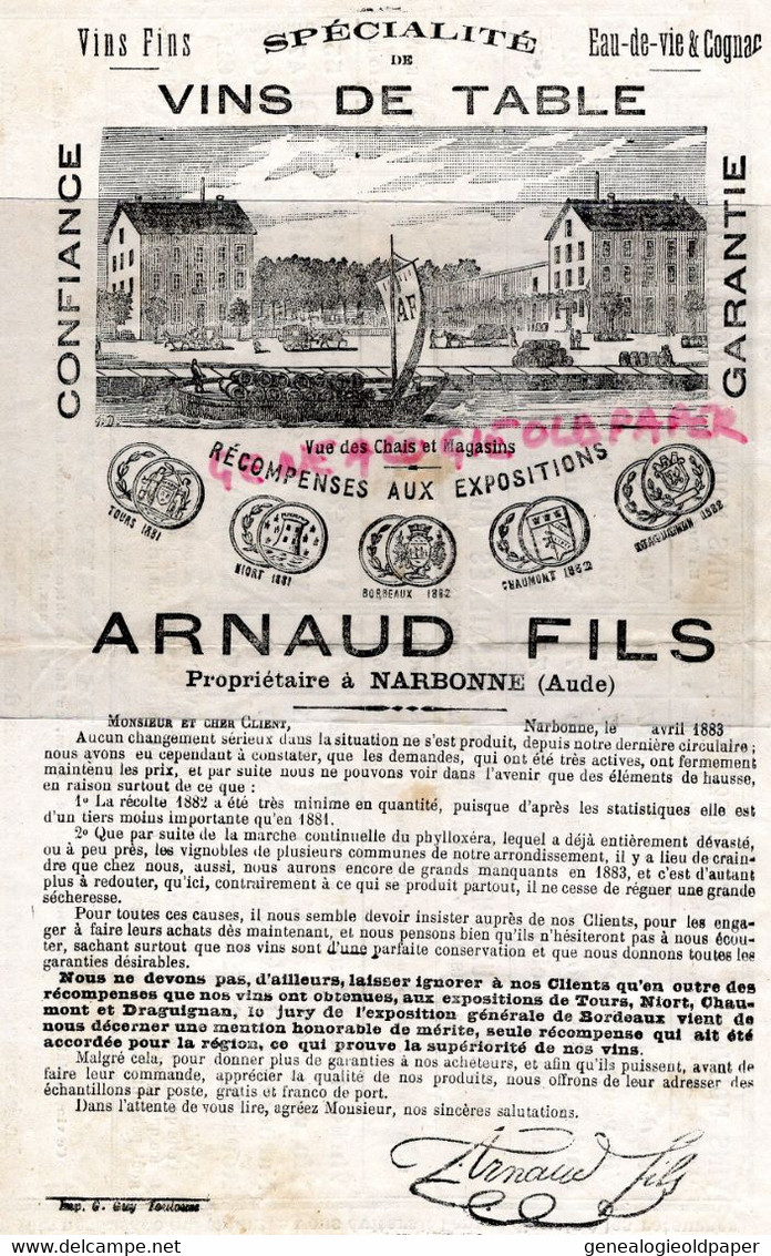 11- NARBONNE- RARE DOCUMENT AFFICHE TARIFS ARNAUD FILS -MARCHAND VINS EAU DE VIE ET COGNAC-1882 VUE DES CHAIS MAGASINS - Historical Documents