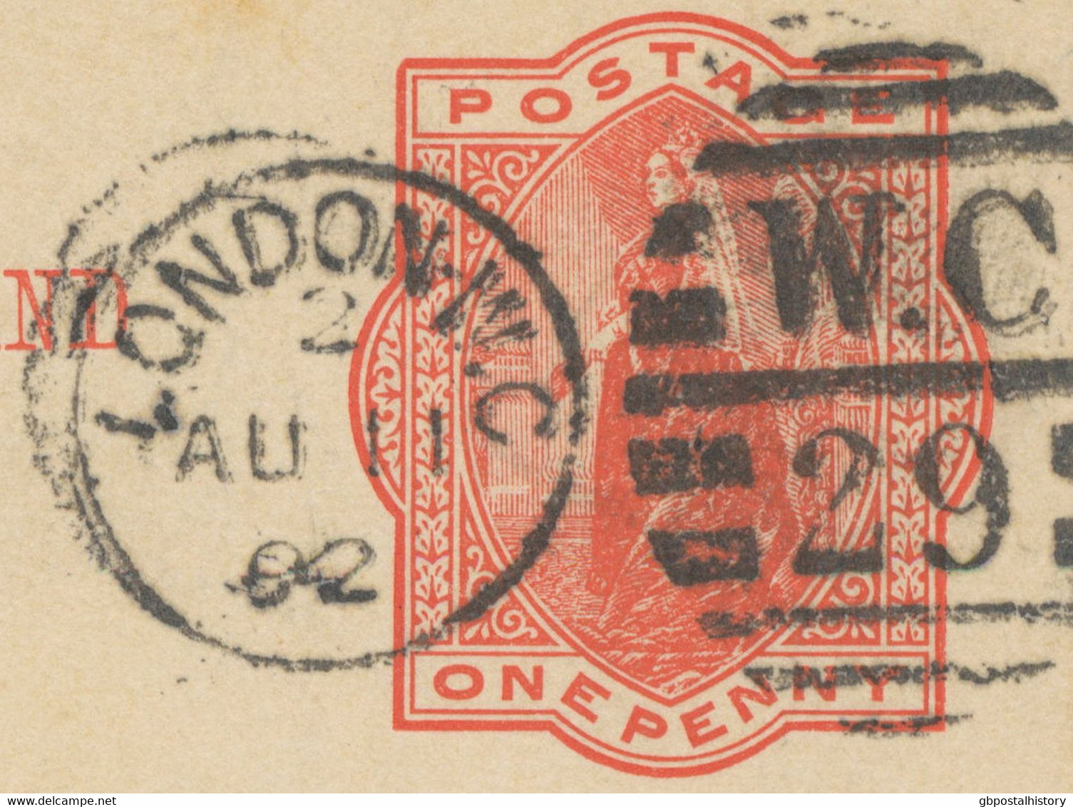 GB 1892 QV 1d Orangered Superb Postcard With Barred Duplex-cancel "LONDON-W.C. / W.C / 29" NEW LATEST USAGE - Storia Postale