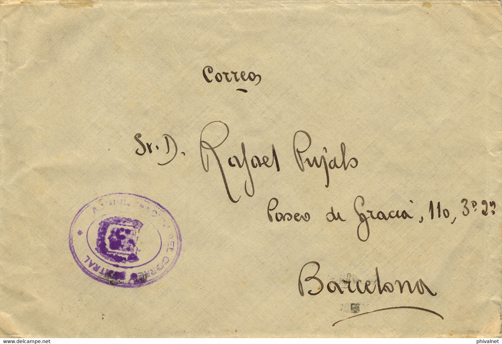 1931 MADRID , SOBRE CIRCULADO A BARCELONA , MARCA DE FRANQUICIA " ADMINISTRACIÓN DEL CORREO CENTRAL "  , LLEGADA - Storia Postale