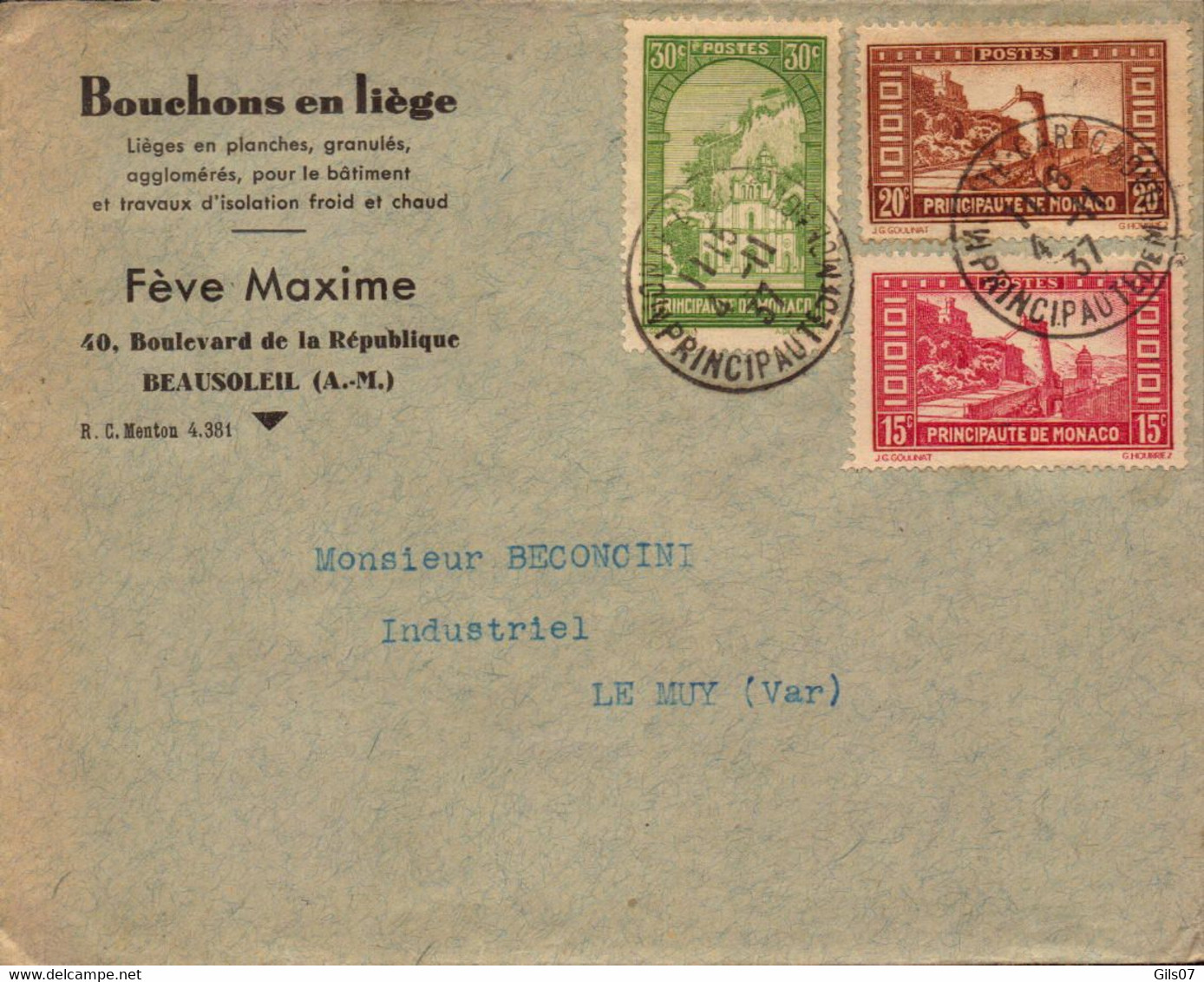 Lettre De Monaco, Monte Carlo, Feve Maxime, Bouchons En Liege, Beausoleil Pour Le Muy, Var, 1937  (bon Etat) - Postmarks