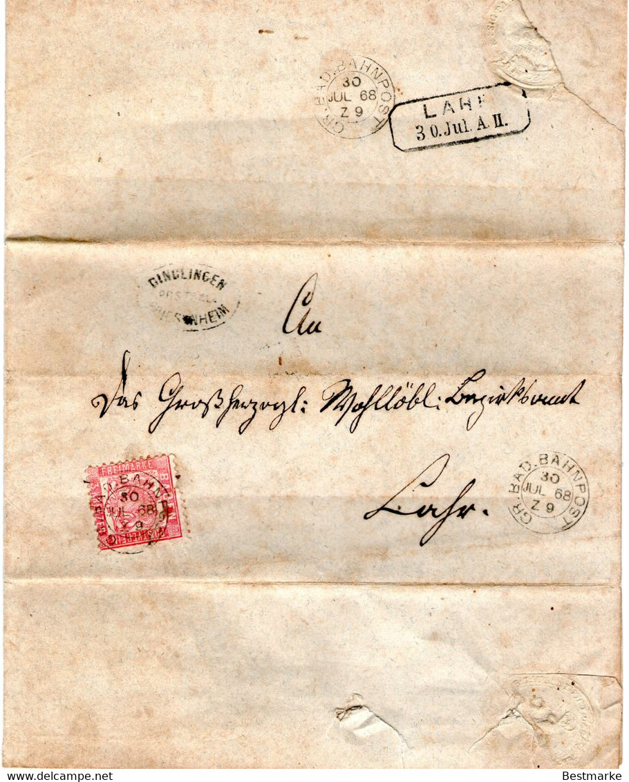 Wendebrief 1868 Mit Baden Nr. 18 PF IV - Dinglingen Friesenheim - Bezirksamt Lahr - Heiligenzell - Bahnpost - Brieven En Documenten
