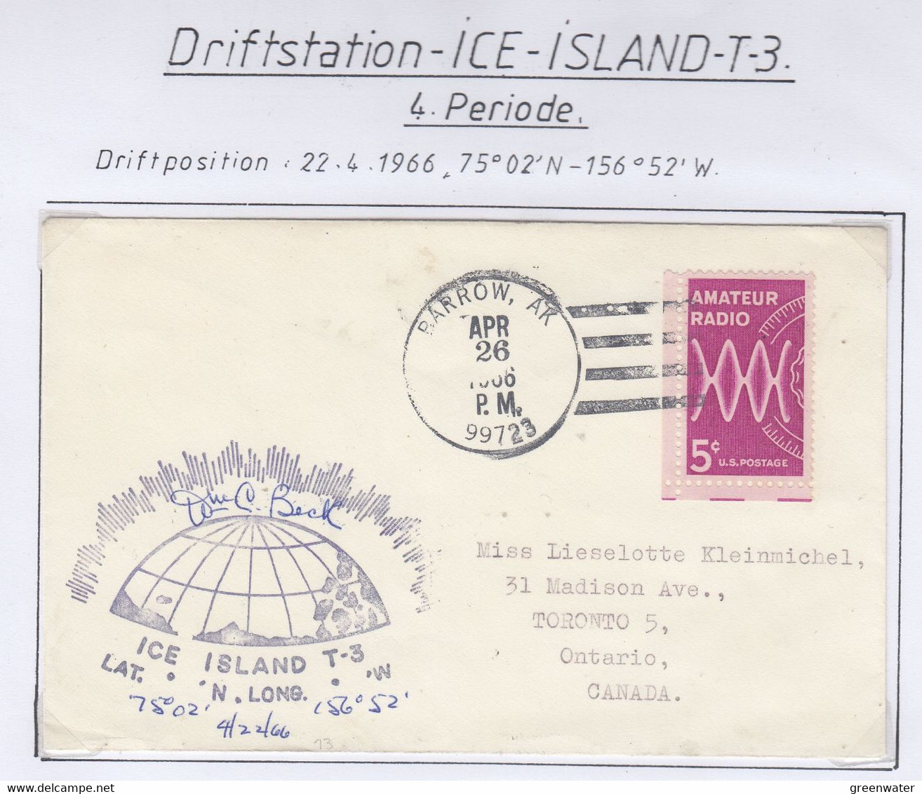 USA Driftstation ICE-ISLAND T-3 Cover Ca  Ice Island T-3 Periode 4 Apr 26 1966  (DR120) - Estaciones Científicas Y Estaciones Del Ártico A La Deriva