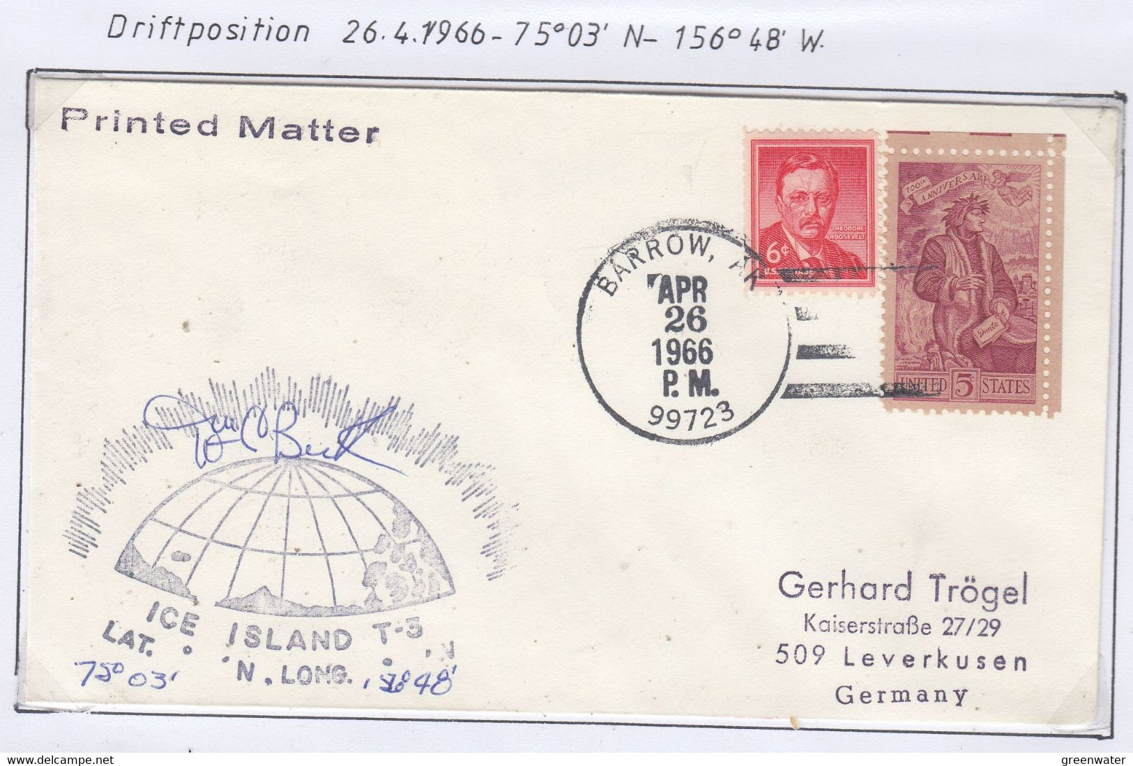 USA Driftstation ICE-ISLAND T-3 Cover Ca  Ice Island T-3 Periode 4 Apr 26 1966  (DR120) - Stations Scientifiques & Stations Dérivantes Arctiques