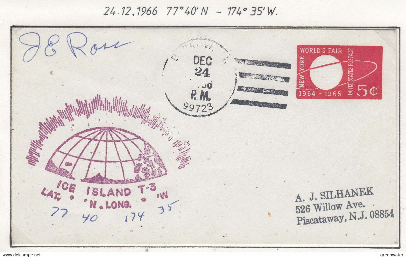 USA Driftstation ICE-ISLAND T-3 Cover Ca  Ice Island T-3 Periode 4 Dec 24 1966 Sign Station Leader J. E. Ross  (DR120B) - Scientific Stations & Arctic Drifting Stations