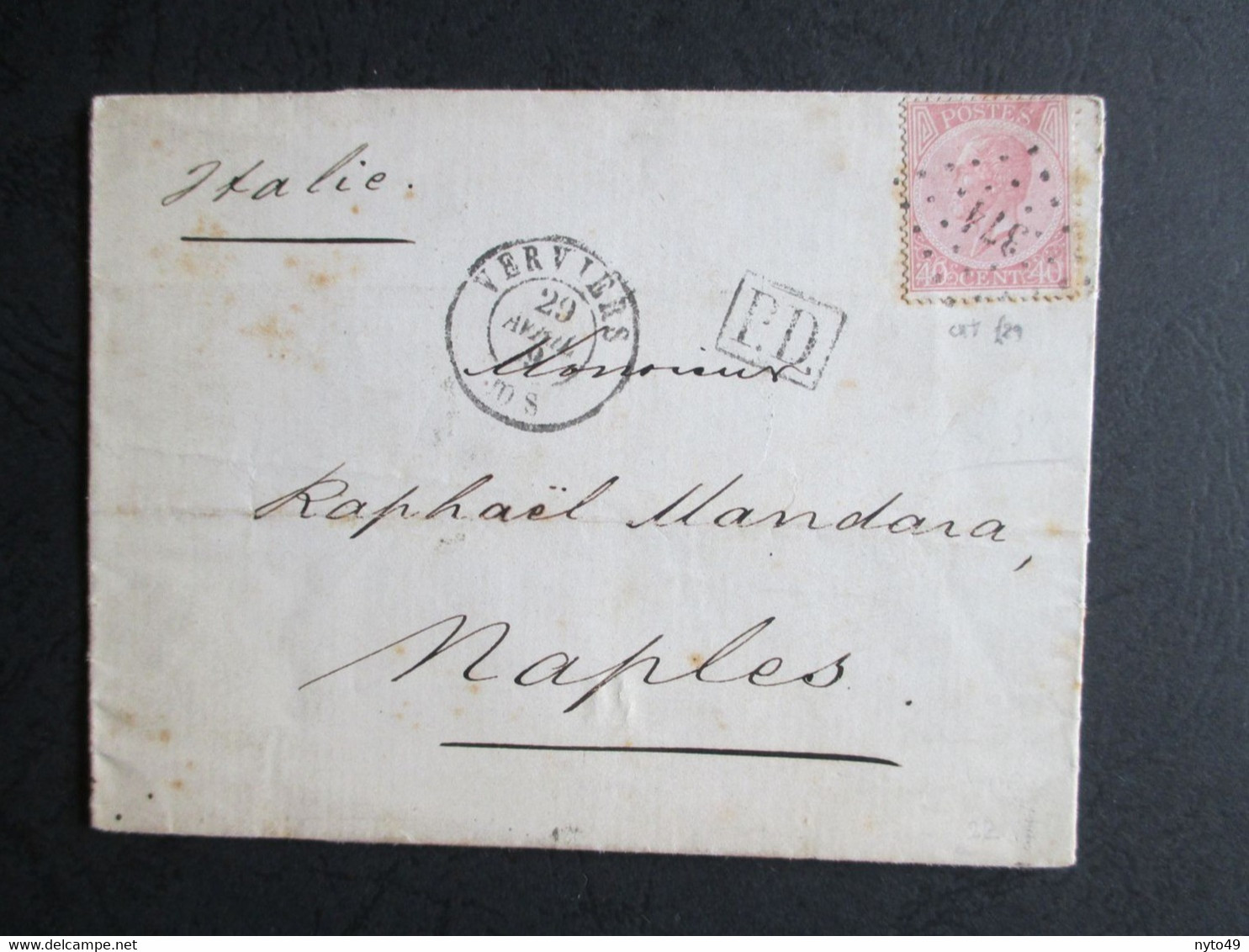 Nr 20A - Op Brief Uit Verviers Naar Napels - OCB € 110 - 1865-1866 Profil Gauche