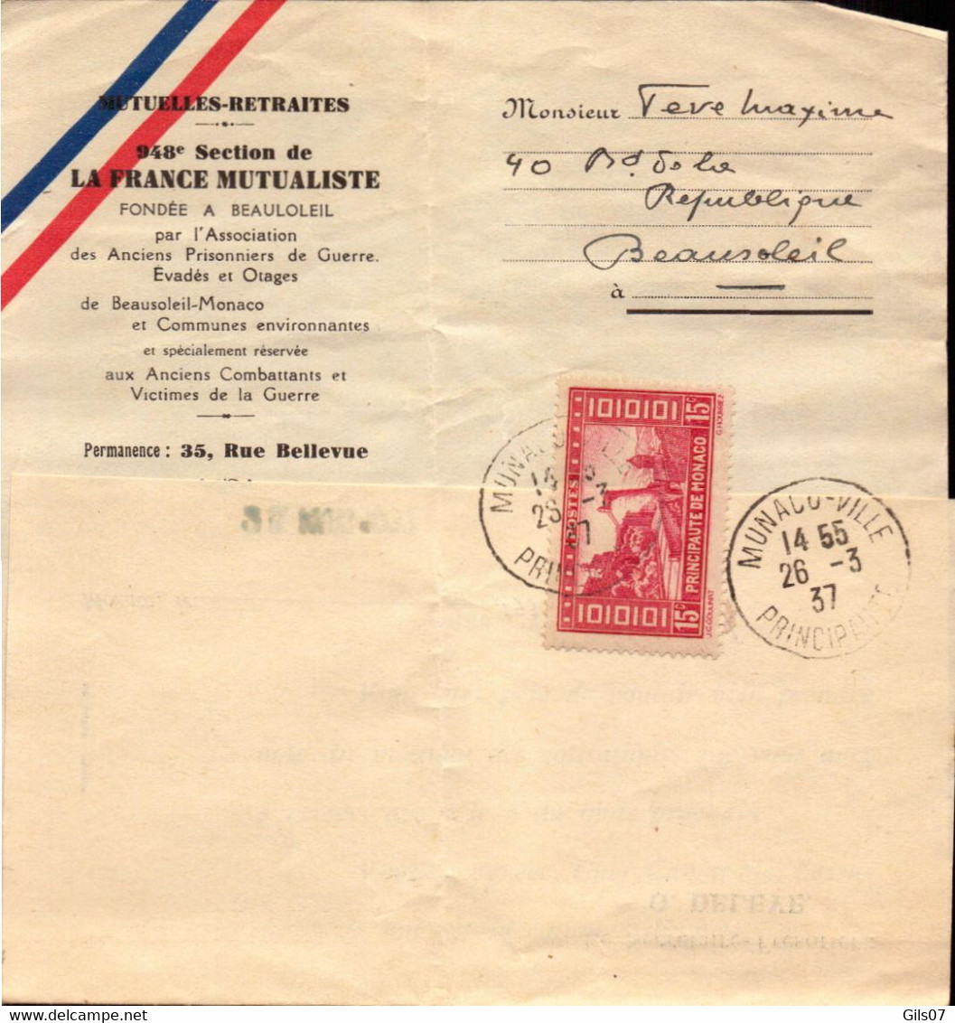 Lettre De Monaco-Ville, Buletin La France Mutualiste, Anciens Combattants Pour Beausoleil 1937 (bon Etat) - Postmarks