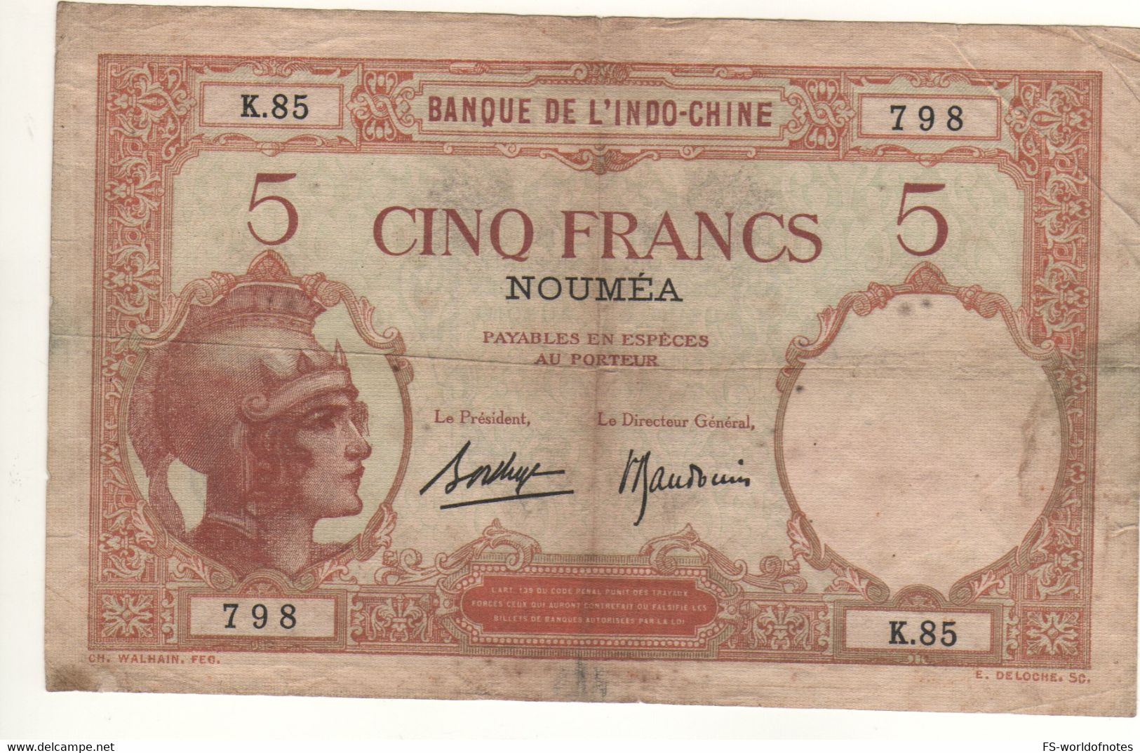 NEW  CALEDONIA   5  Francs  (  Helmeted Woman )  P36b  Signature Titles: "Président & Directeur Général" - Sonstige – Ozeanien