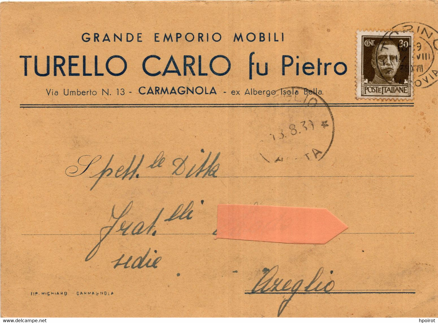 CARMAGNOLA ( TO ) - Cartolina Commerciale TURELLO CARLO - EMPORIO MOBILI - VIAGGIATA 1939 - (rif. A17) - Andere & Zonder Classificatie