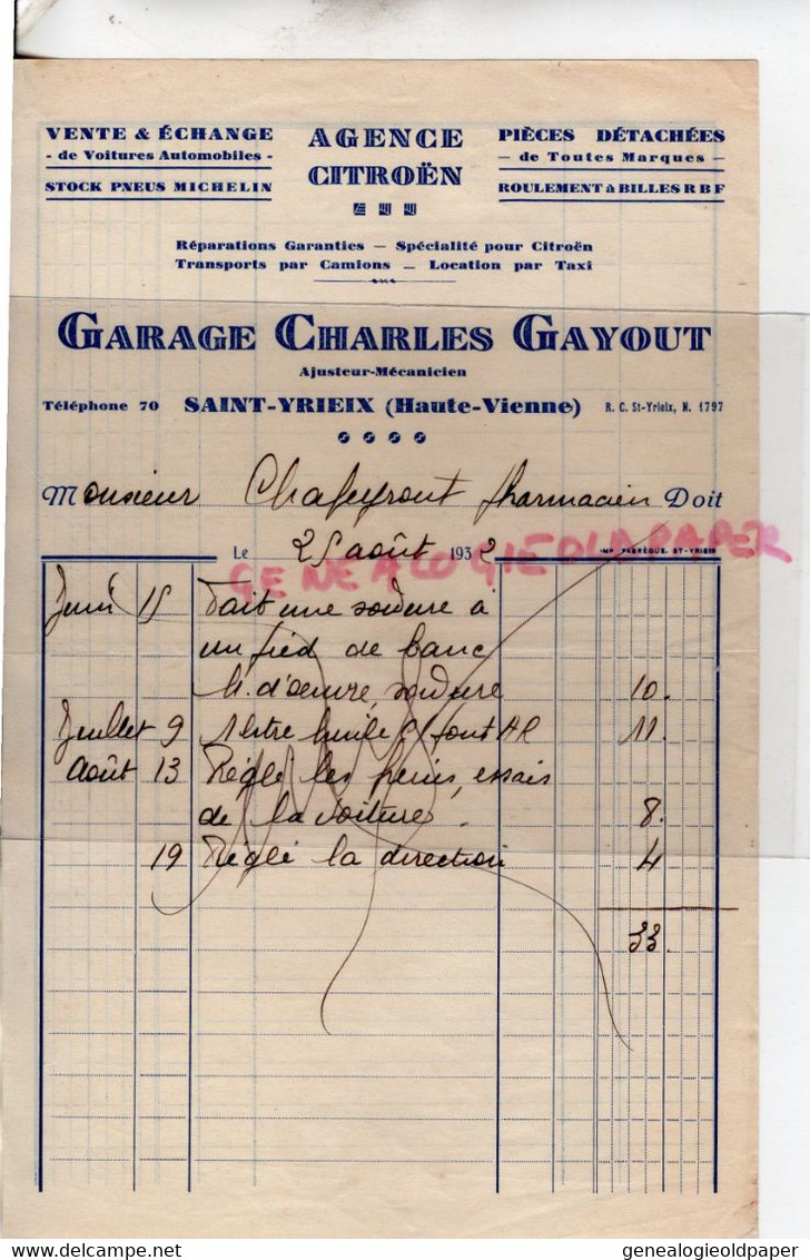 87- ST SAINT YRIEIX - RARE FACTURE GARAGE CHARLES GAYOUT-AJUSTEUR MECANICIEN-AGENCE CITROEN- CHAPEYROUT PHARMACIEN-1932 - Automobil