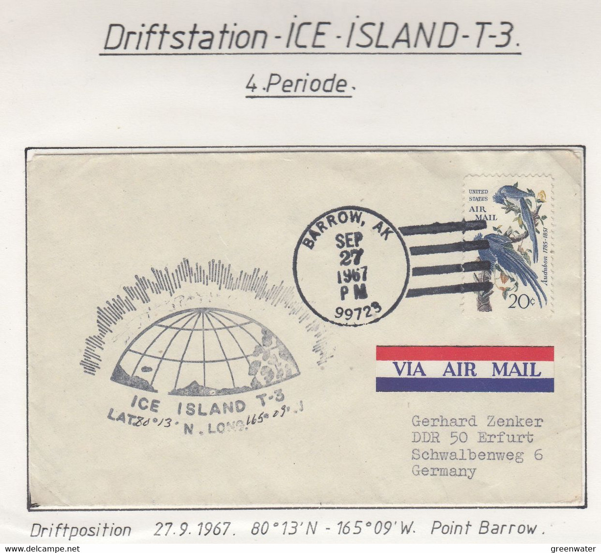 USA Driftstation ICE-ISLAND T-3 Cover Ca  Ice Island T-3 Periode 4 Ca Sep 27 1967  (DR124) - Forschungsstationen & Arctic Driftstationen