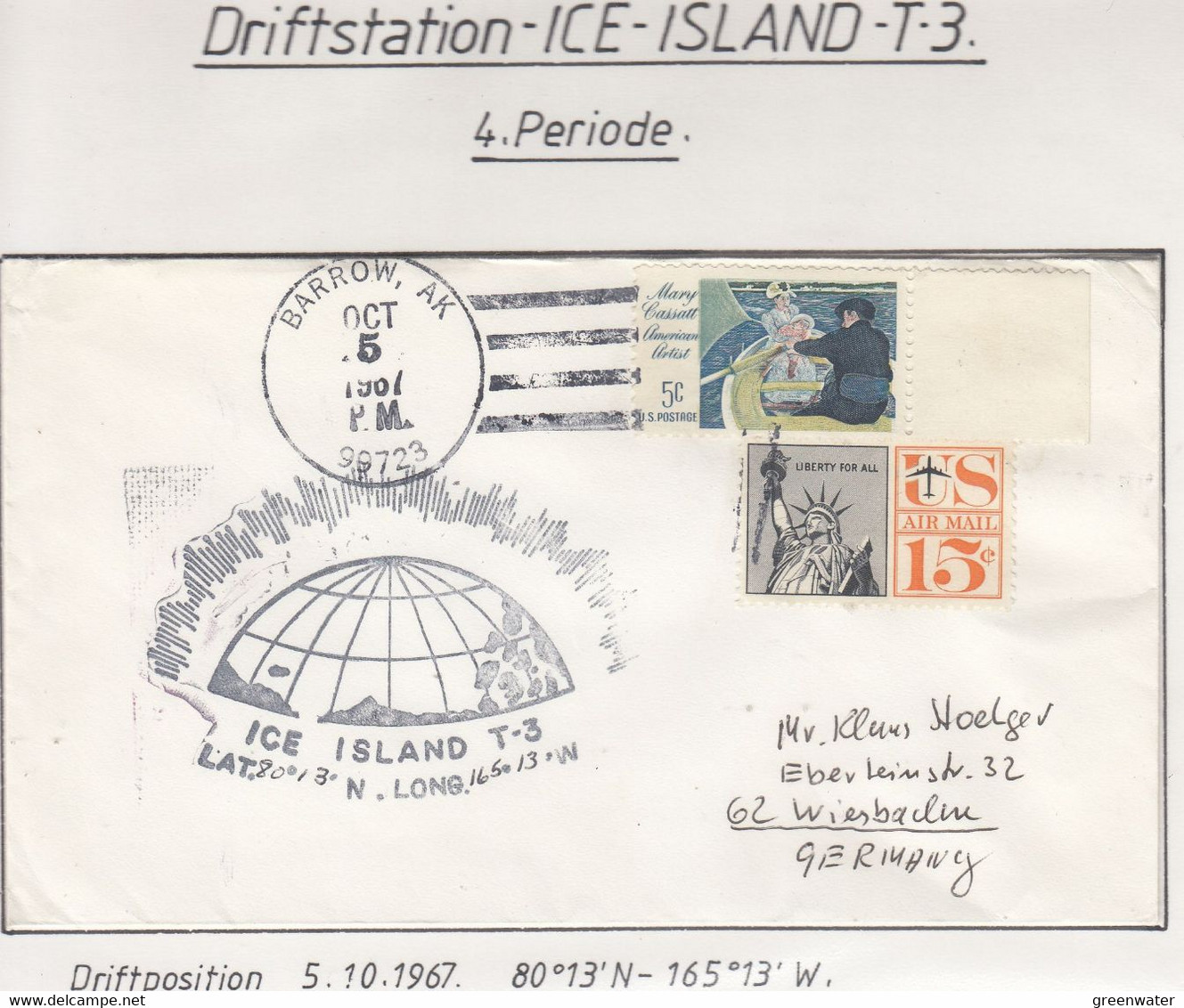 USA Driftstation ICE-ISLAND T-3 Cover Ca Ice Island T-3 Periode 4 Ca  Oct 5 1967  (DR124B) - Scientific Stations & Arctic Drifting Stations