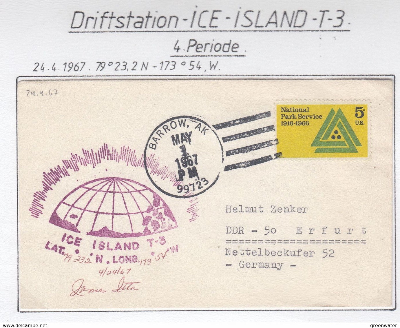 USA Driftstation ICE-ISLAND T-3 Cover Ca Ice Island T-3 Periode 4 Ca  May 1 1967 Signature  (DR125) - Estaciones Científicas Y Estaciones Del Ártico A La Deriva