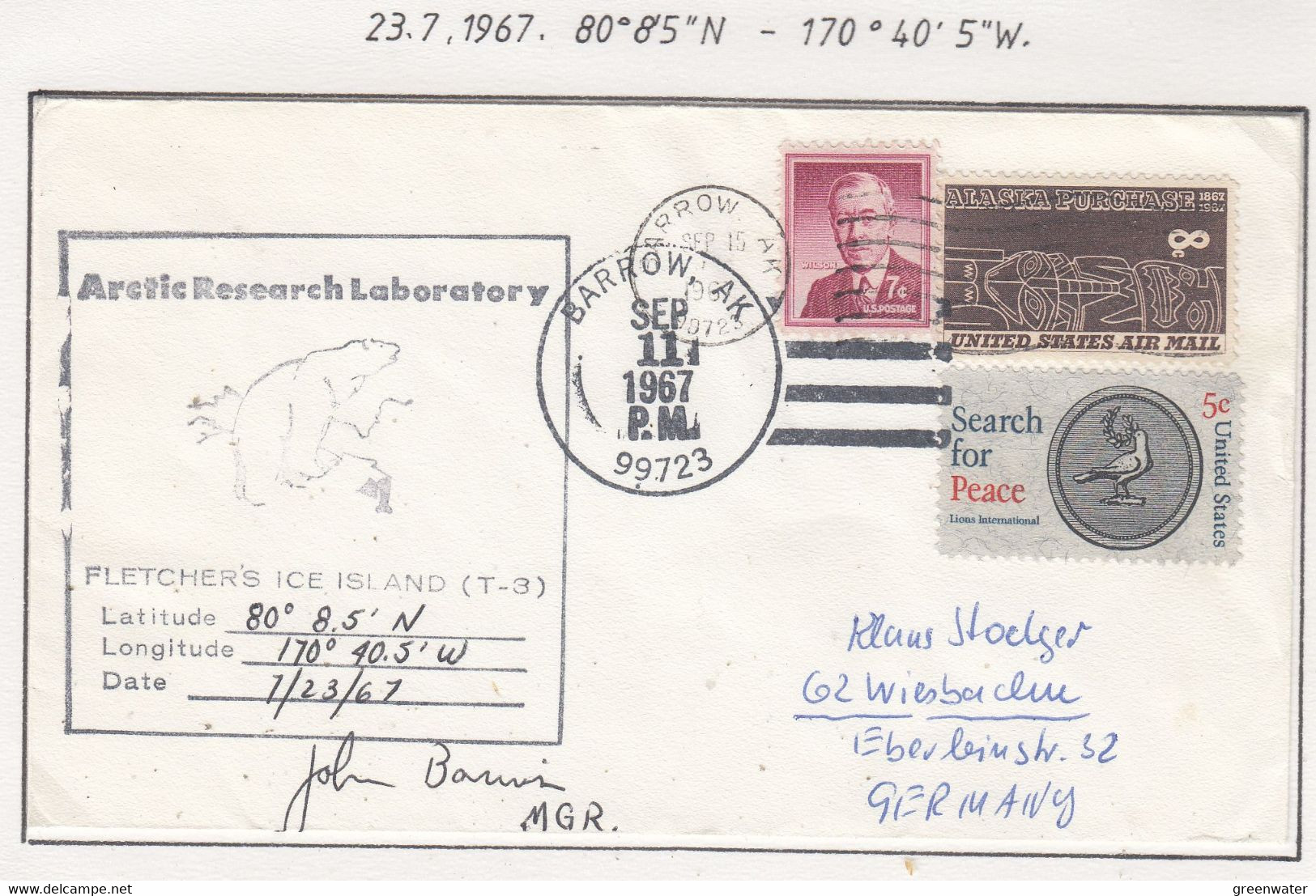 USA Driftstation ICE-ISLAND T-3 Cover Ca Fletcher's  Ice Island T-3 Periode 4 Ca  SEP 111967 Signature  (DR125C) - Scientific Stations & Arctic Drifting Stations