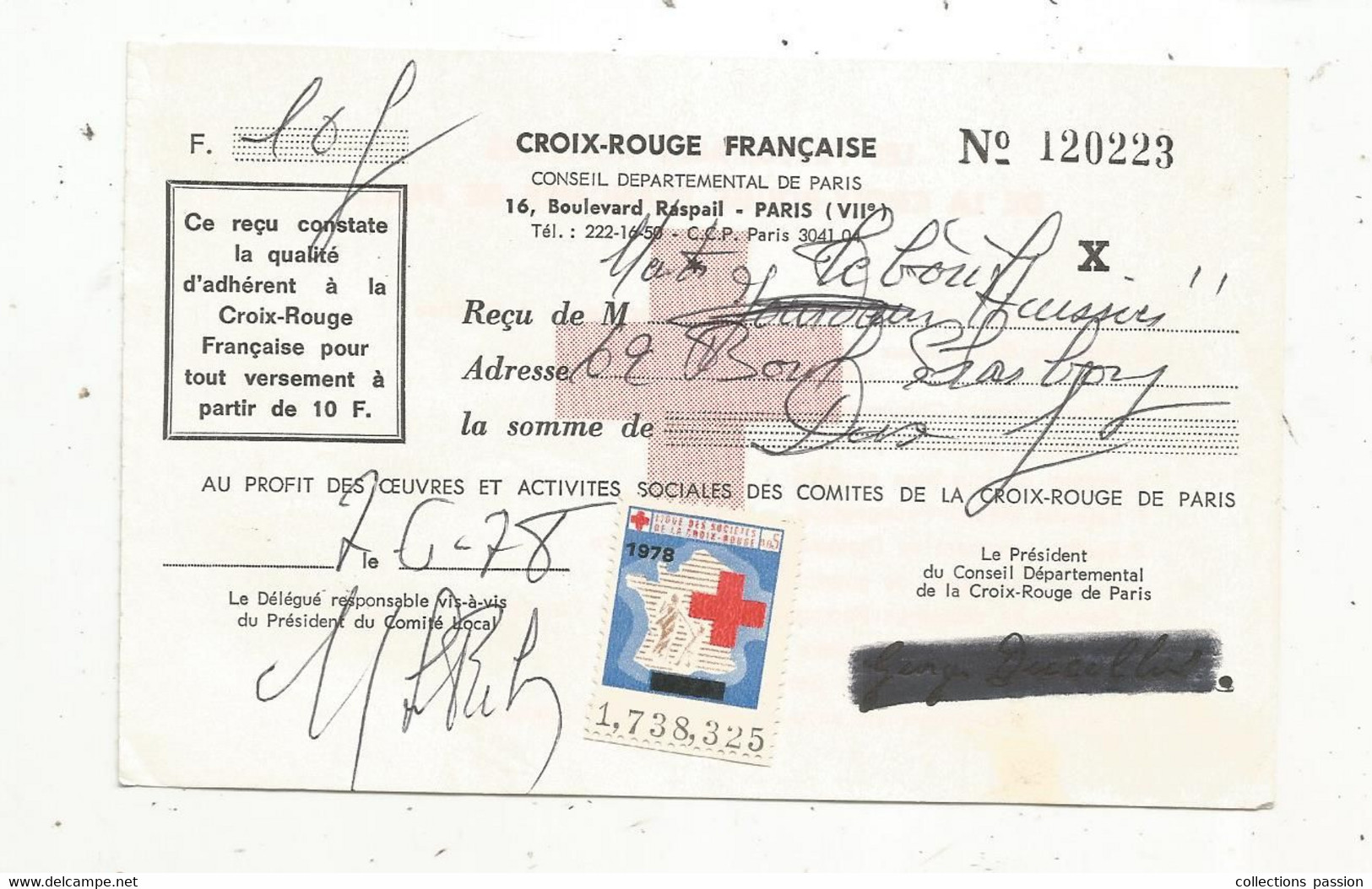 Reçu , CROIX ROUGE FRANCAISE ,Paris , 1978 ,vignette , 2 Scans - 1950 - ...
