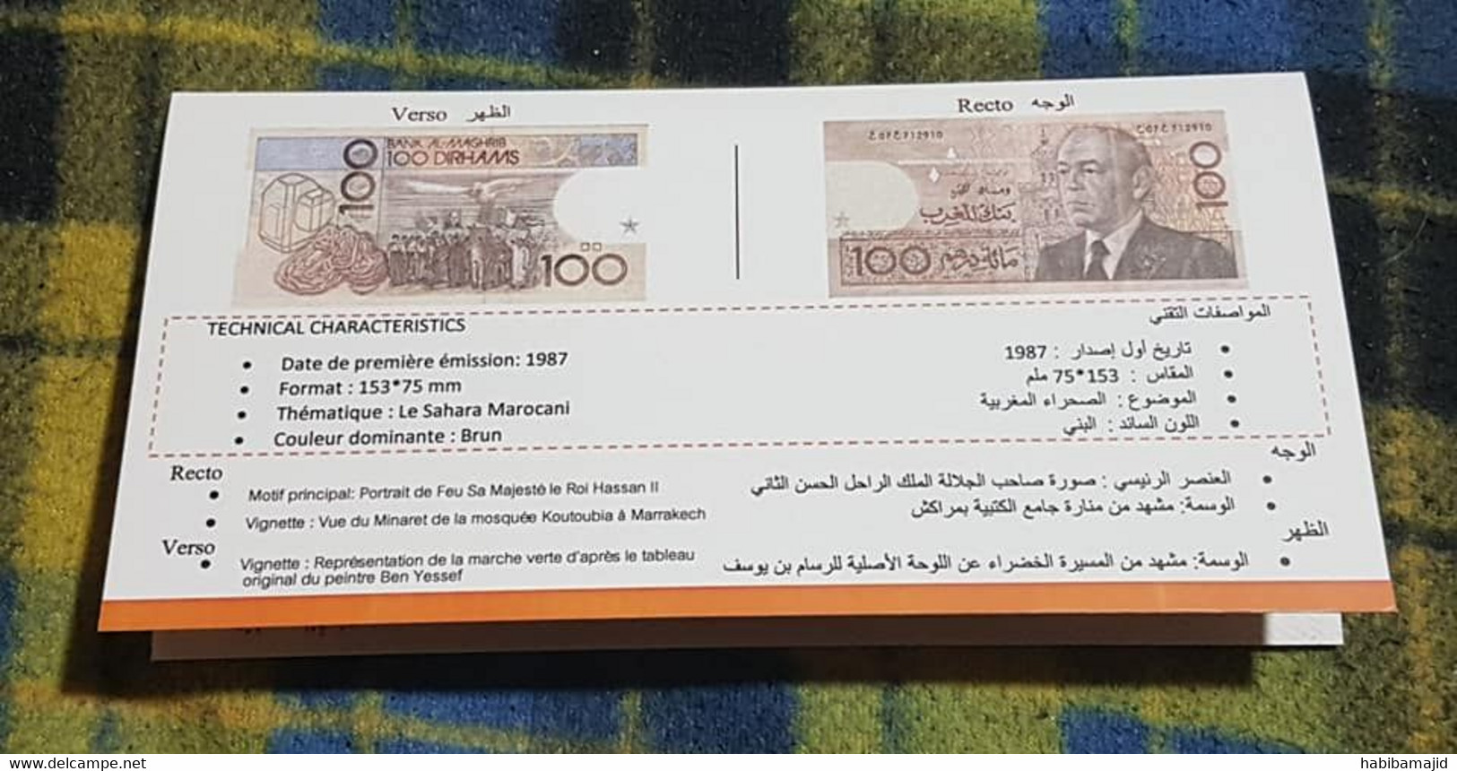 MAROC : Pochette (Vide) En Carton Pour Billet De 100 Dirhams 1987 - Marokko