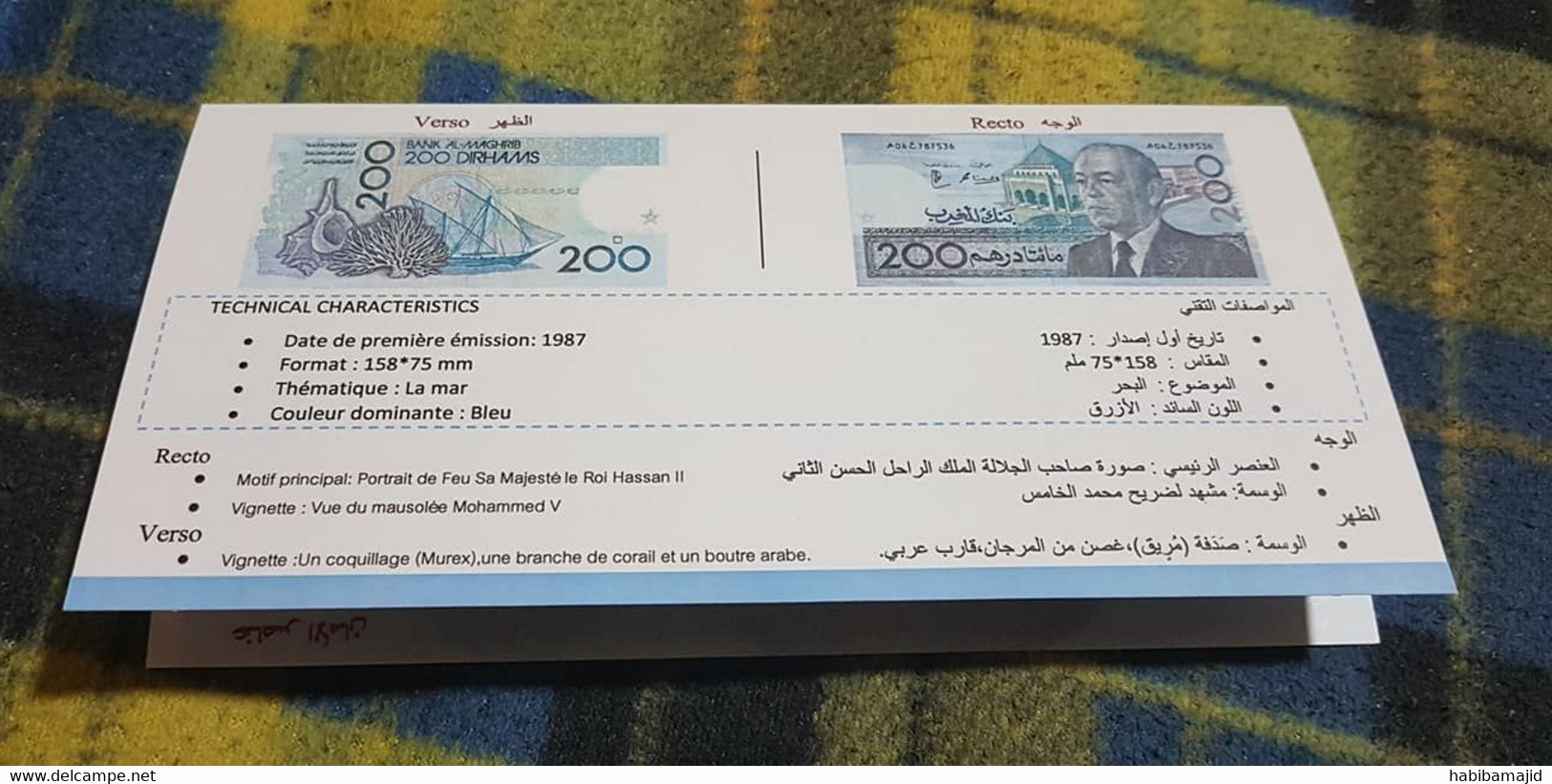 MAROC : Pochette (Vide) En Carton Pour Billet De 200 Dirhams 1987 - Marocco