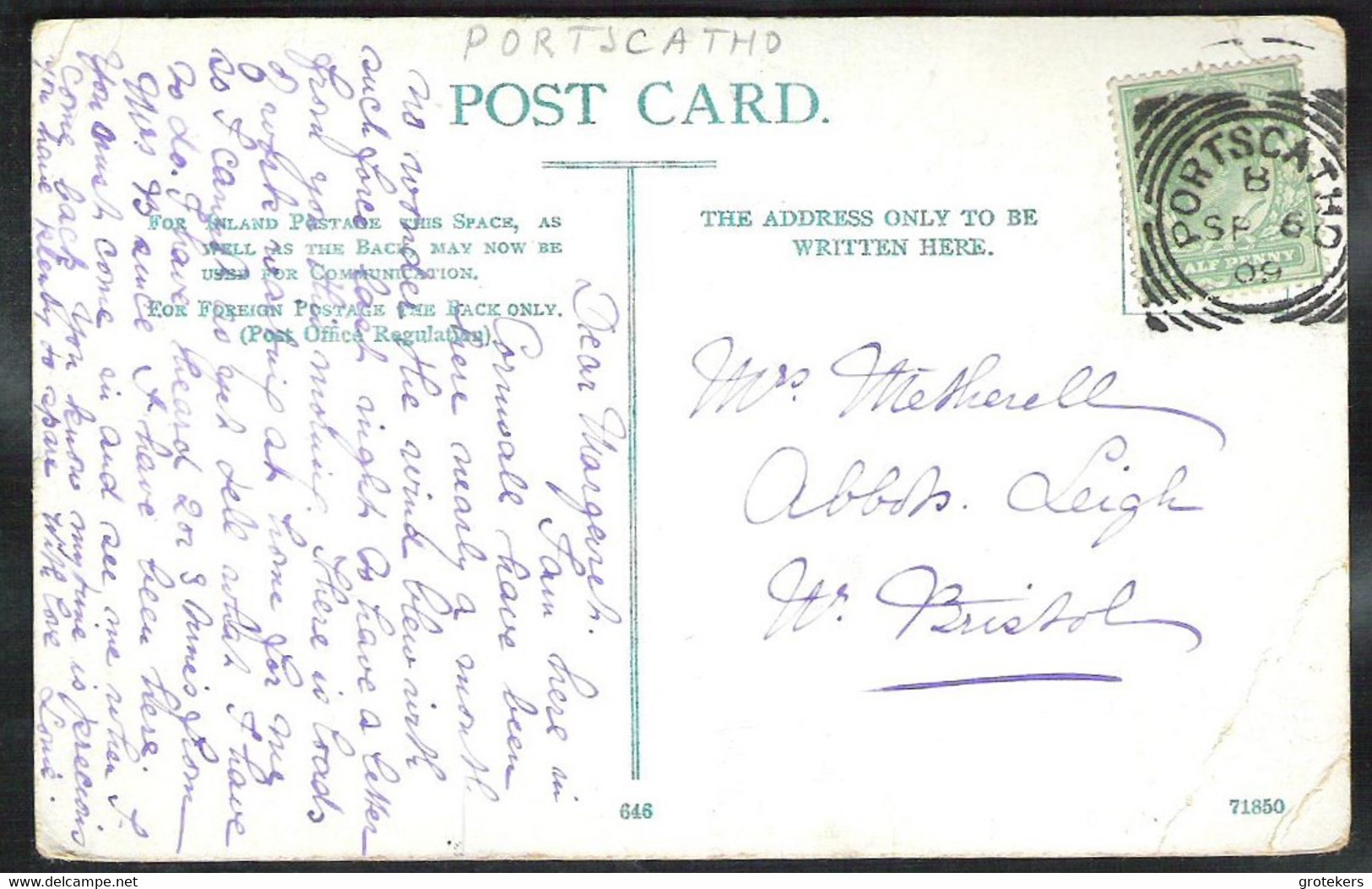 FALMOUTH, Obelisk & Grove Terrace Sent 1909 PORTSCATHO Nice Cancellation - Falmouth