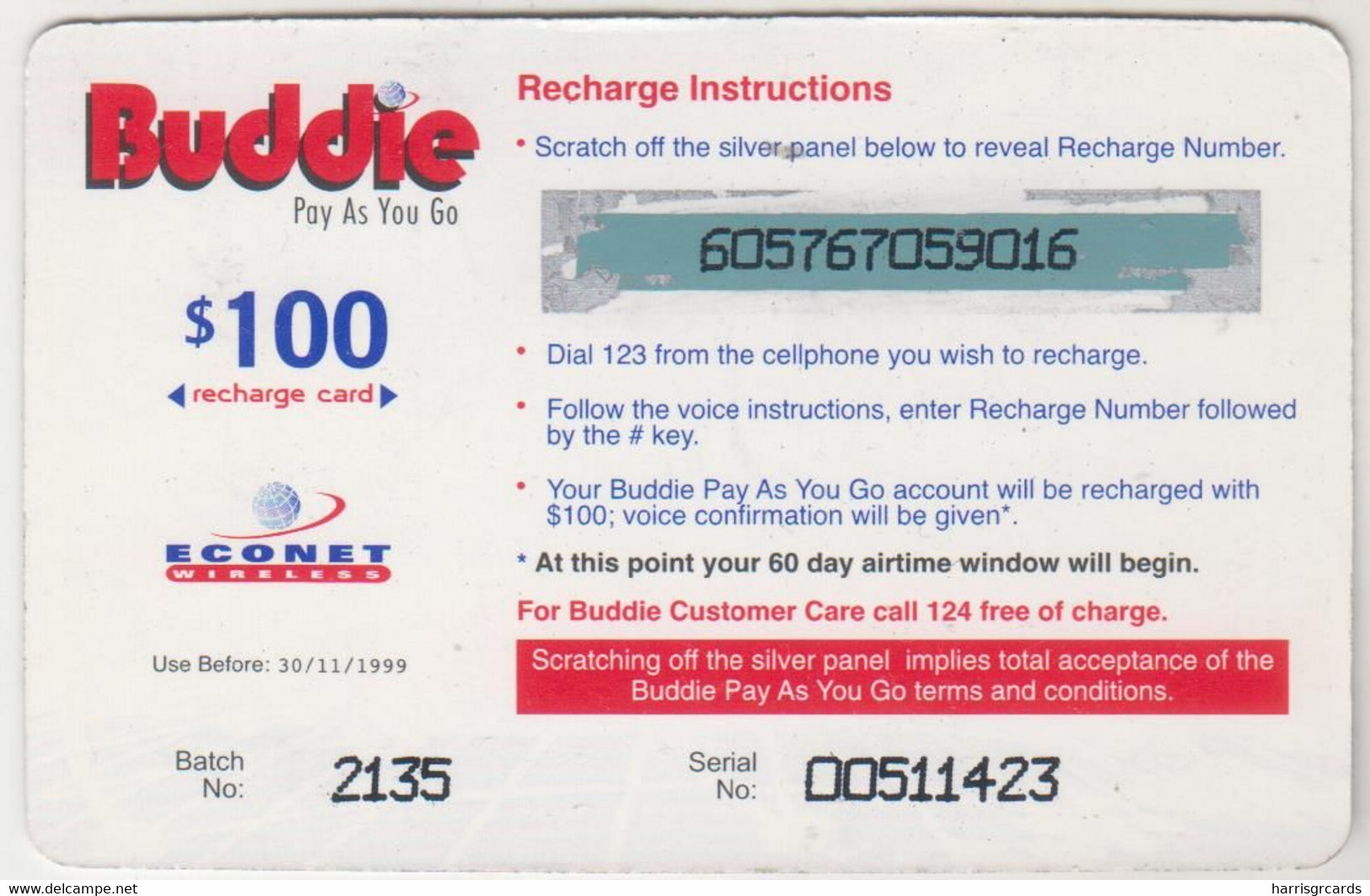 ZIMBABWE - Buddie Pay As You Go, Z$100, Exp.date  30/11/1999, Used - Zimbabwe