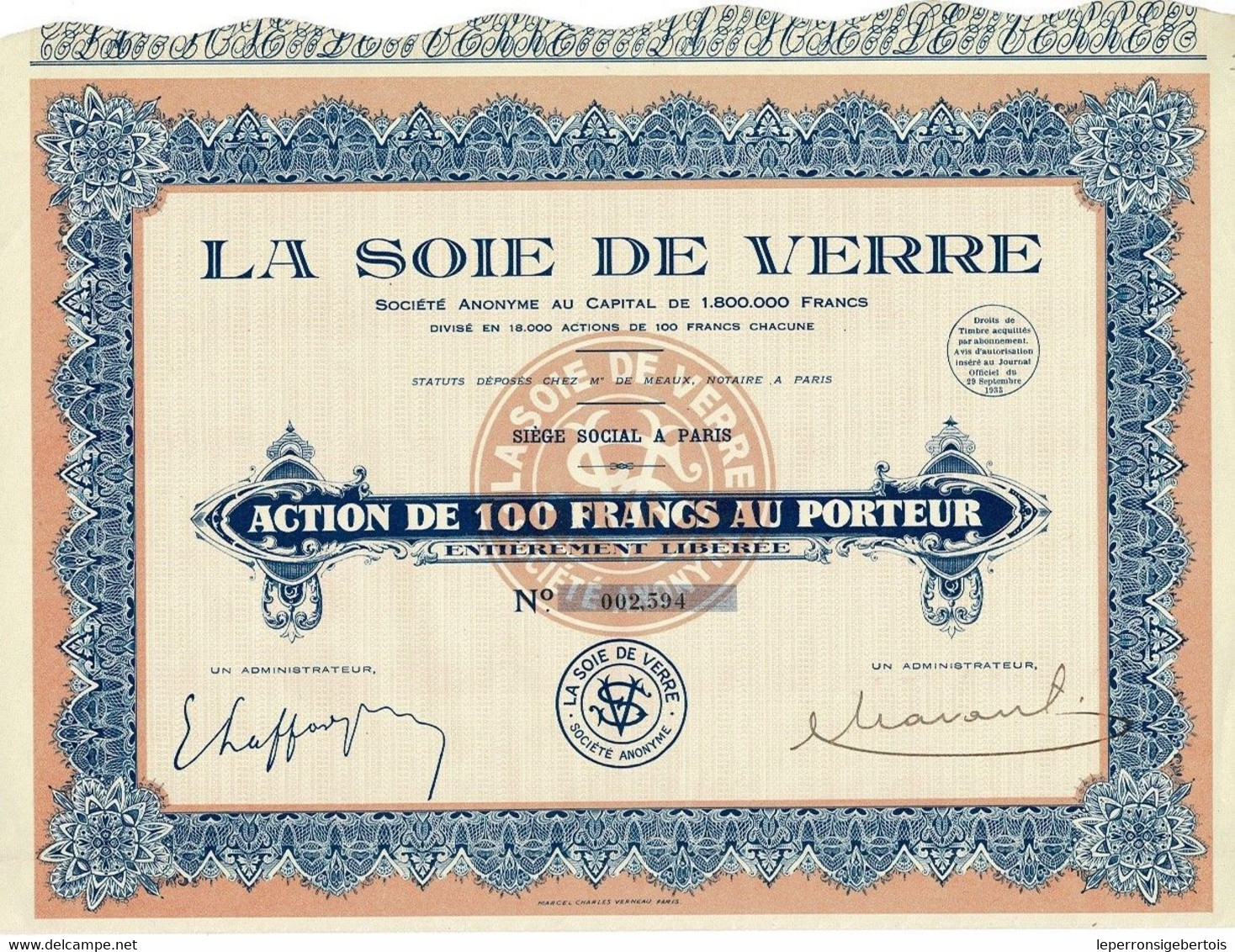 Titre Ancien - La Soie De Verre - Société Anonyme -Titre De 1933 - - Tessili